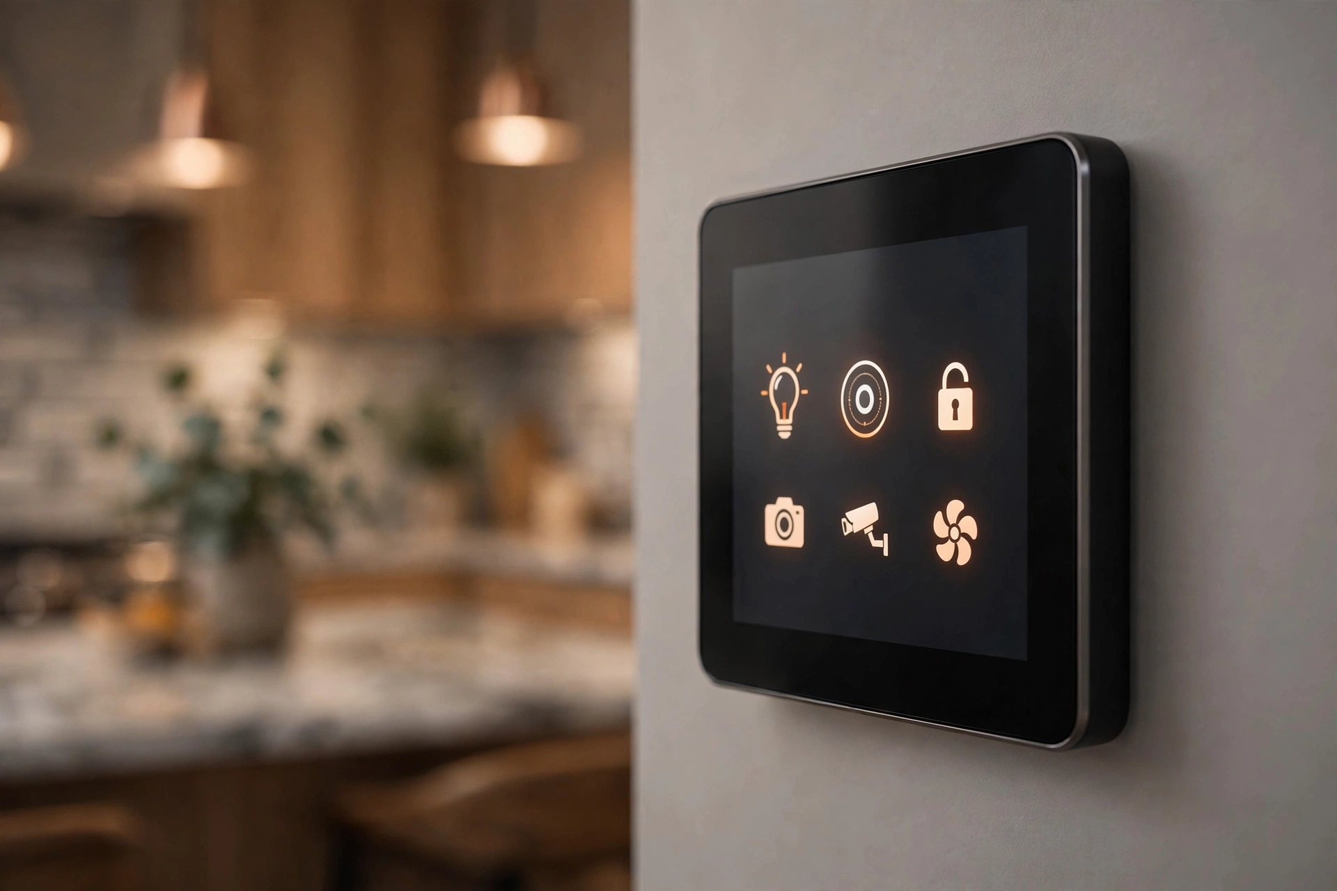 Wall-mounted smart home control panel with touchscreen in a kitchen
