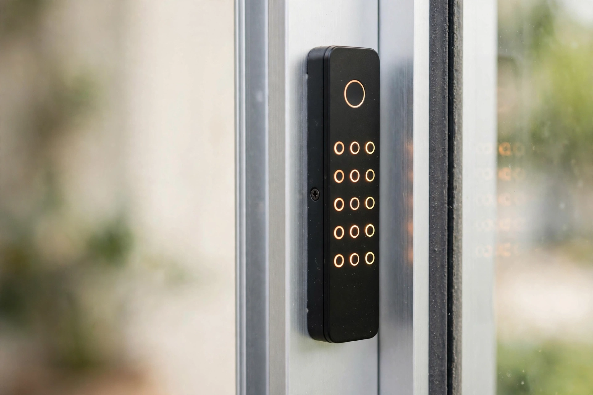 Slim electronic keypad on an aluminum sliding door smart lock frame