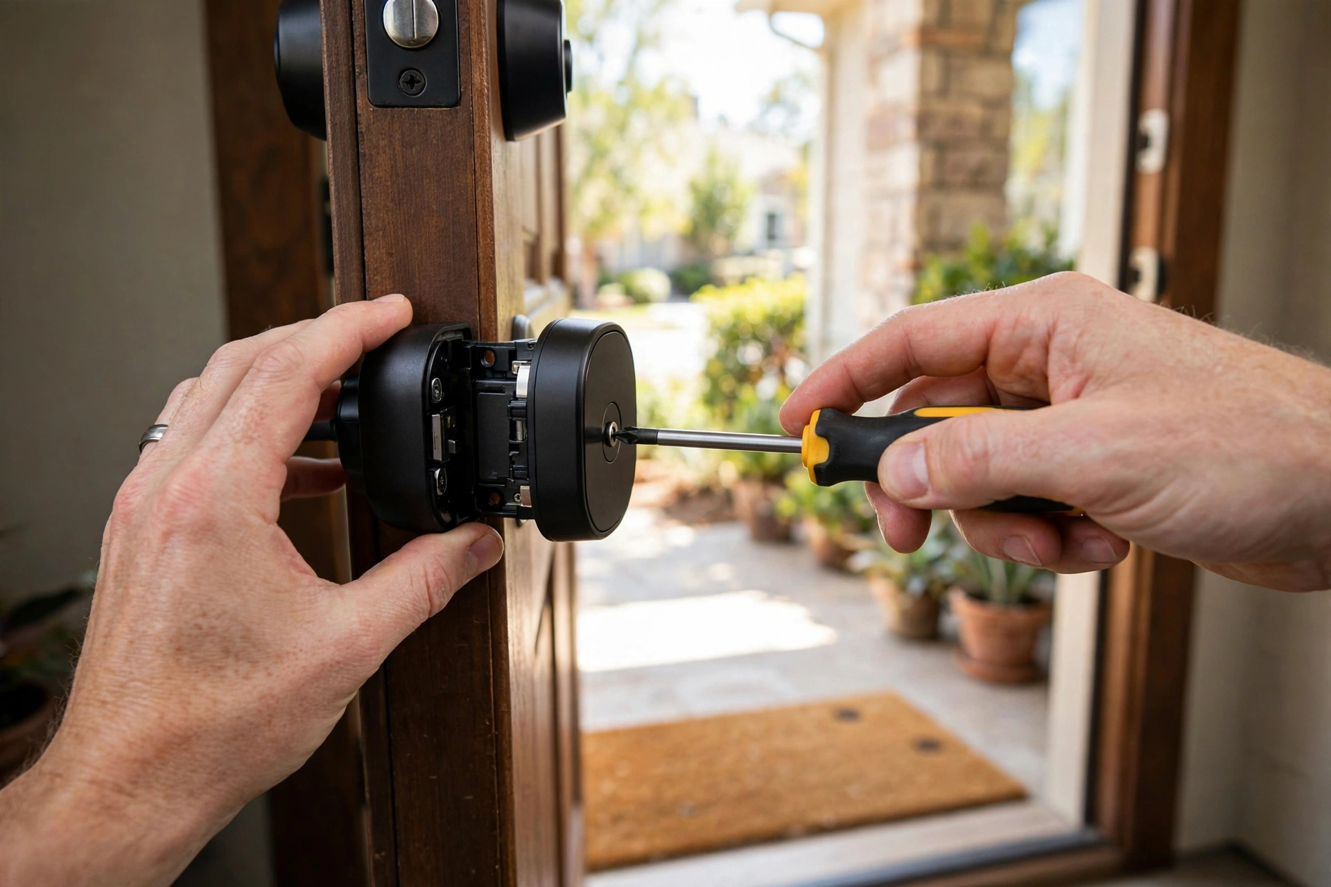 Installing a smart front door lock deadbolt with a screwdriver