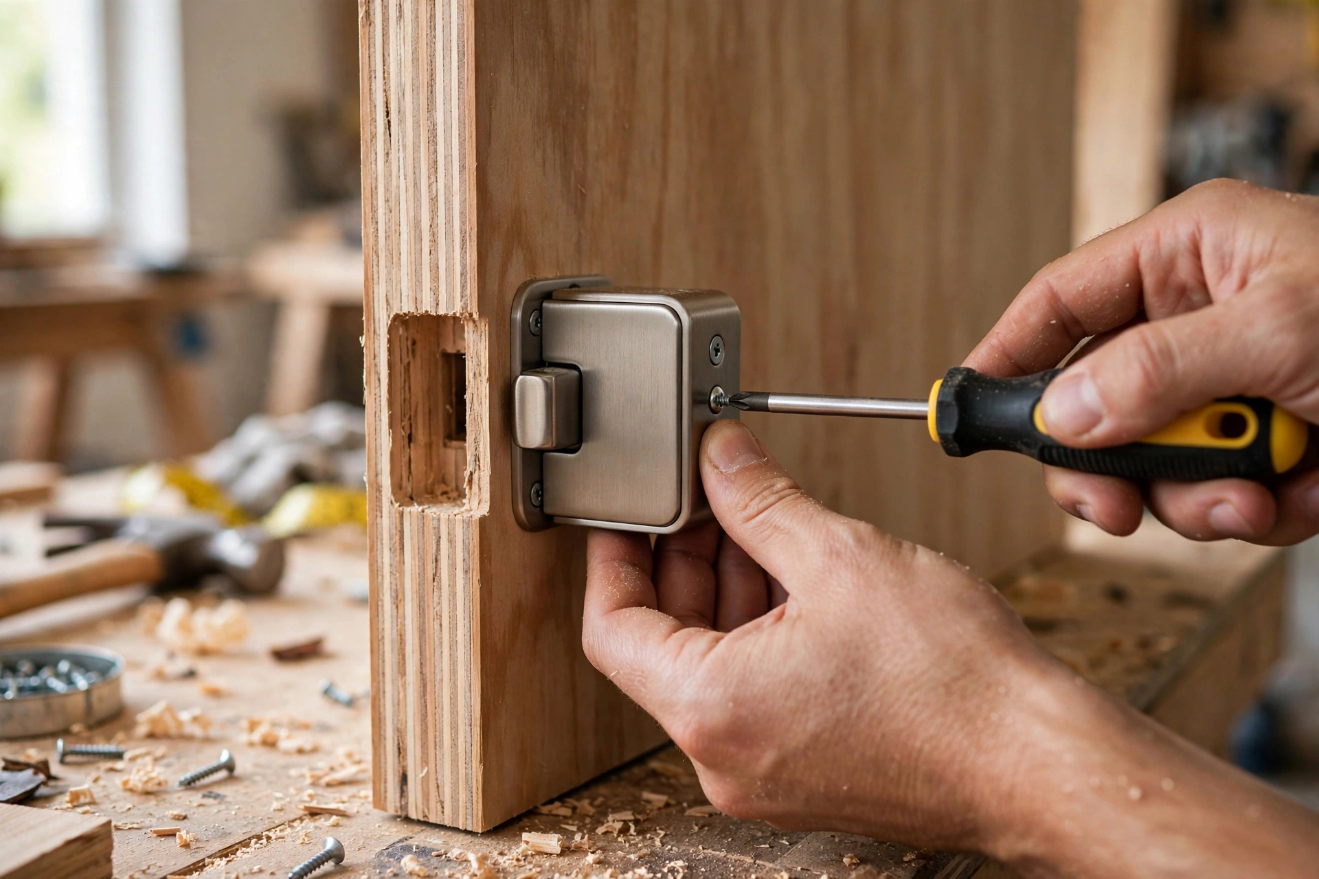 Installing a pocket door lock into the door edge