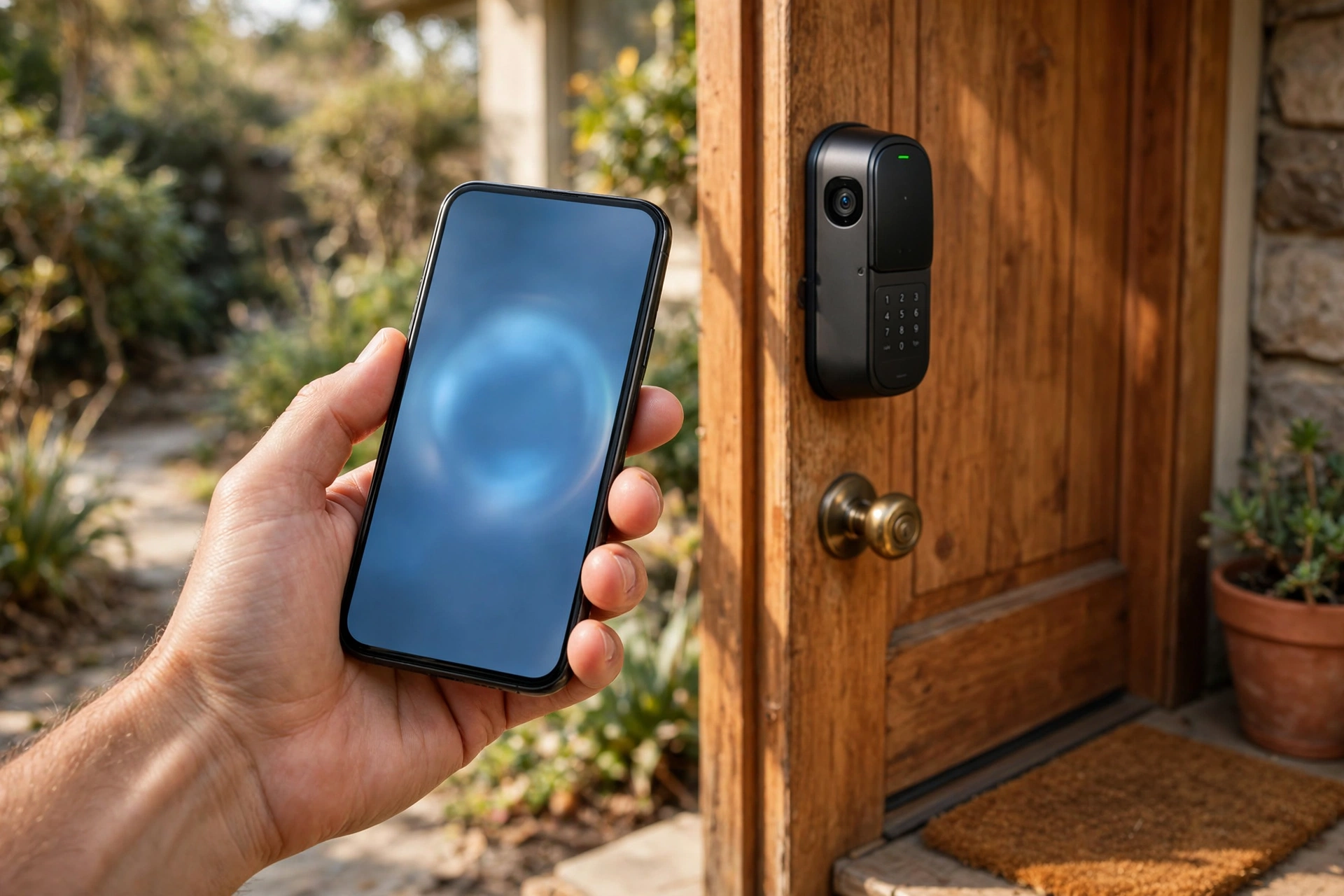 iPhone unlocking a smart door lock with camera via Apple Home Keys