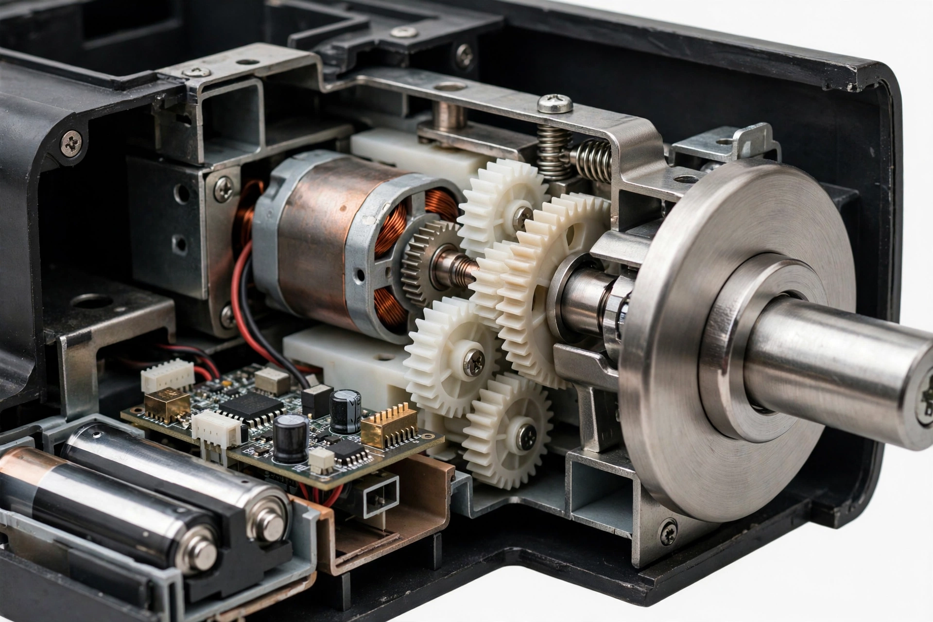 Interior mechanism of a smart front door lock showing motor and bolt