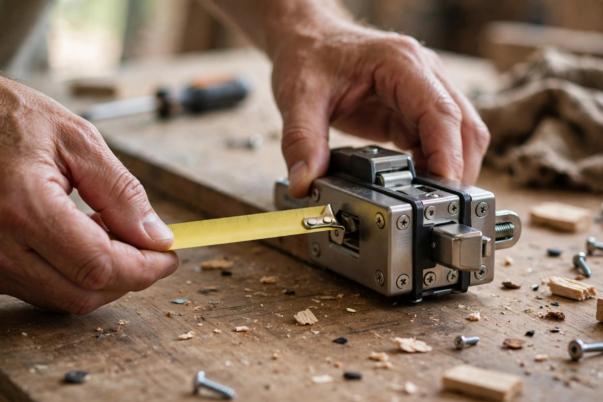 Measuring a sliding door lock with a tape measure before replacement