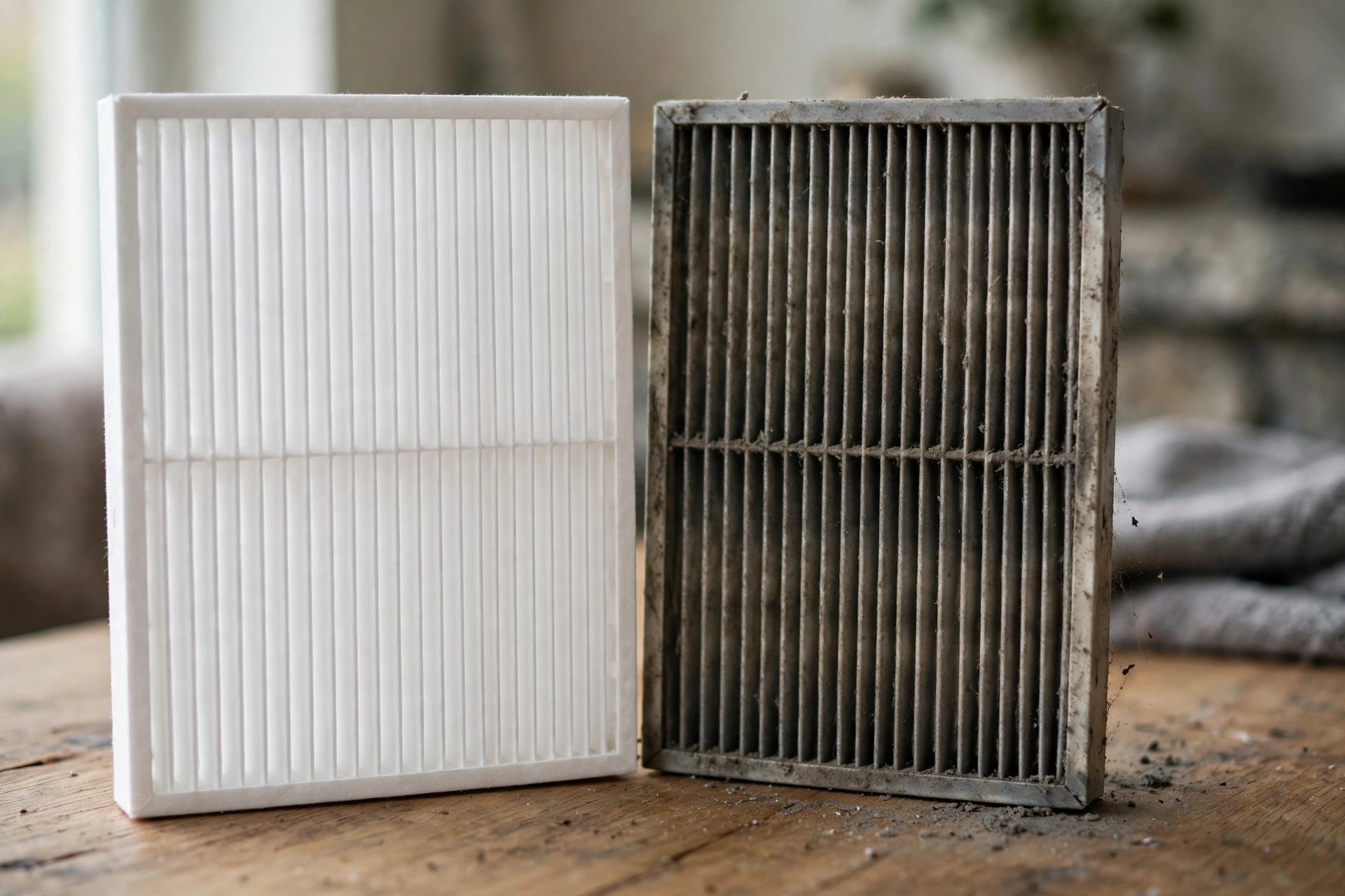 New filter next to an old dirty air purifier filter