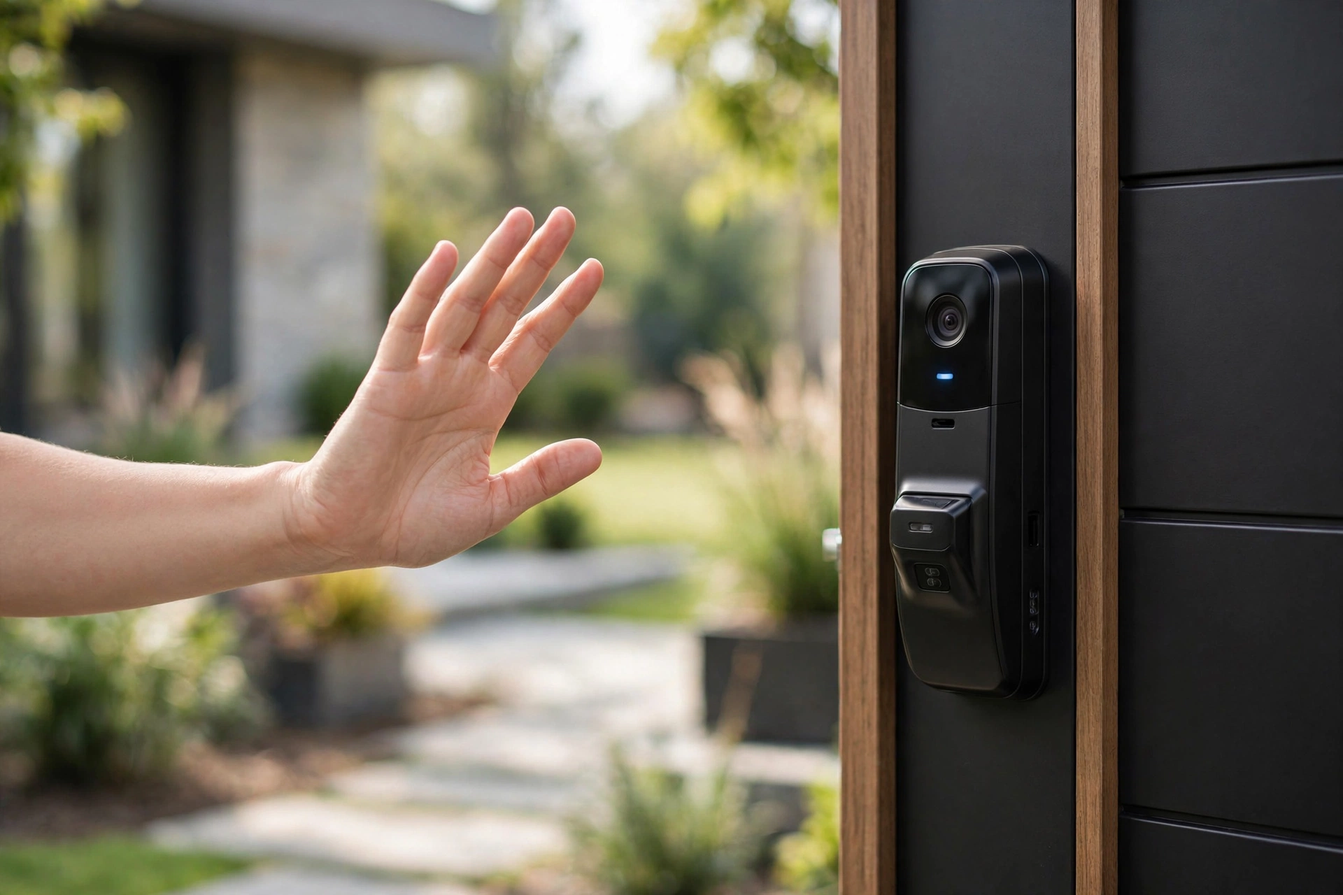 Palm-vein unlock on a smart door lock with camera — touch-free entry
