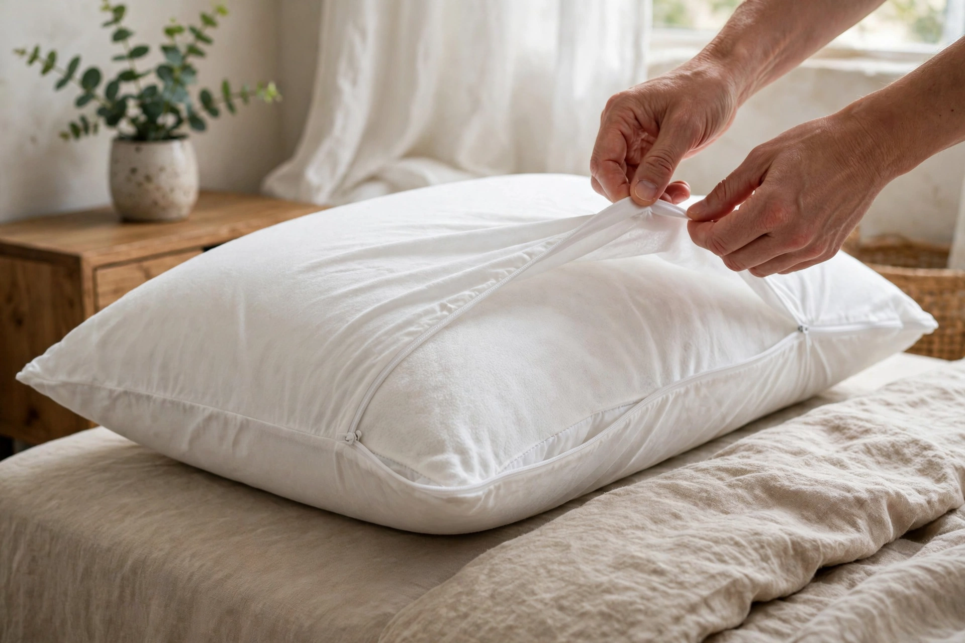 Putting an allergen-proof cover on a pillow