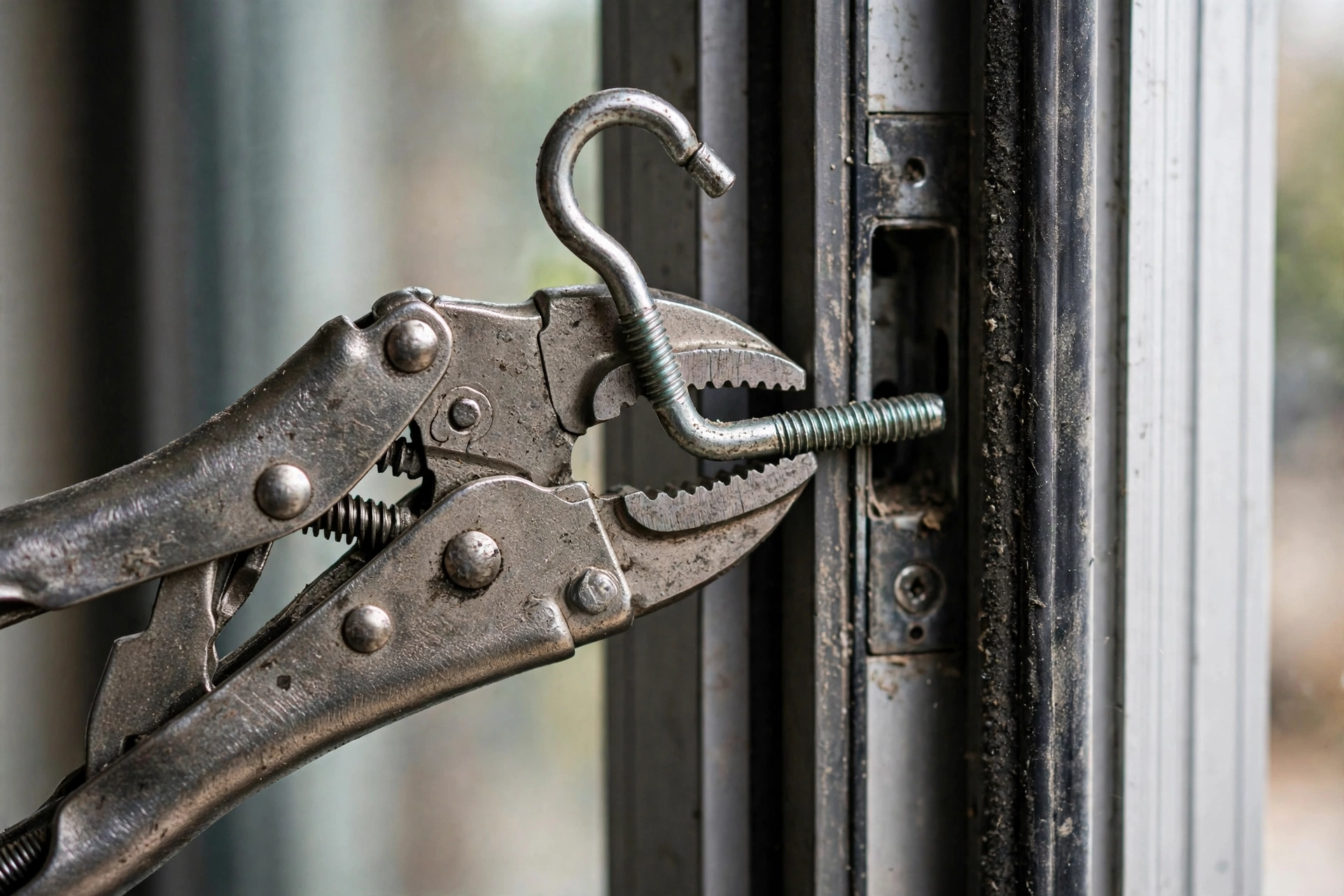 Locking pliers gripping the hook during sliding door lock replacement