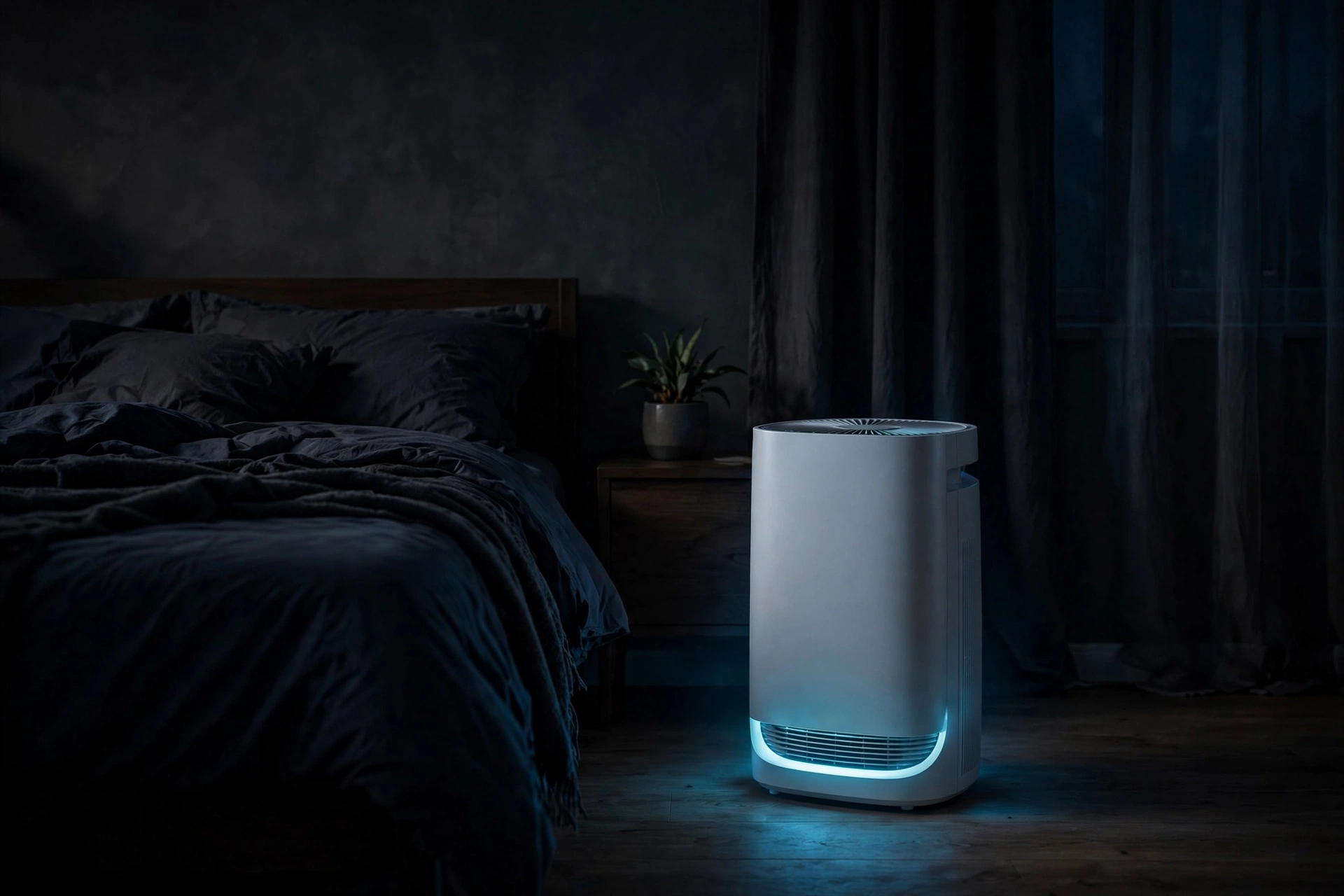 Air purifier running in a bedroom at night
