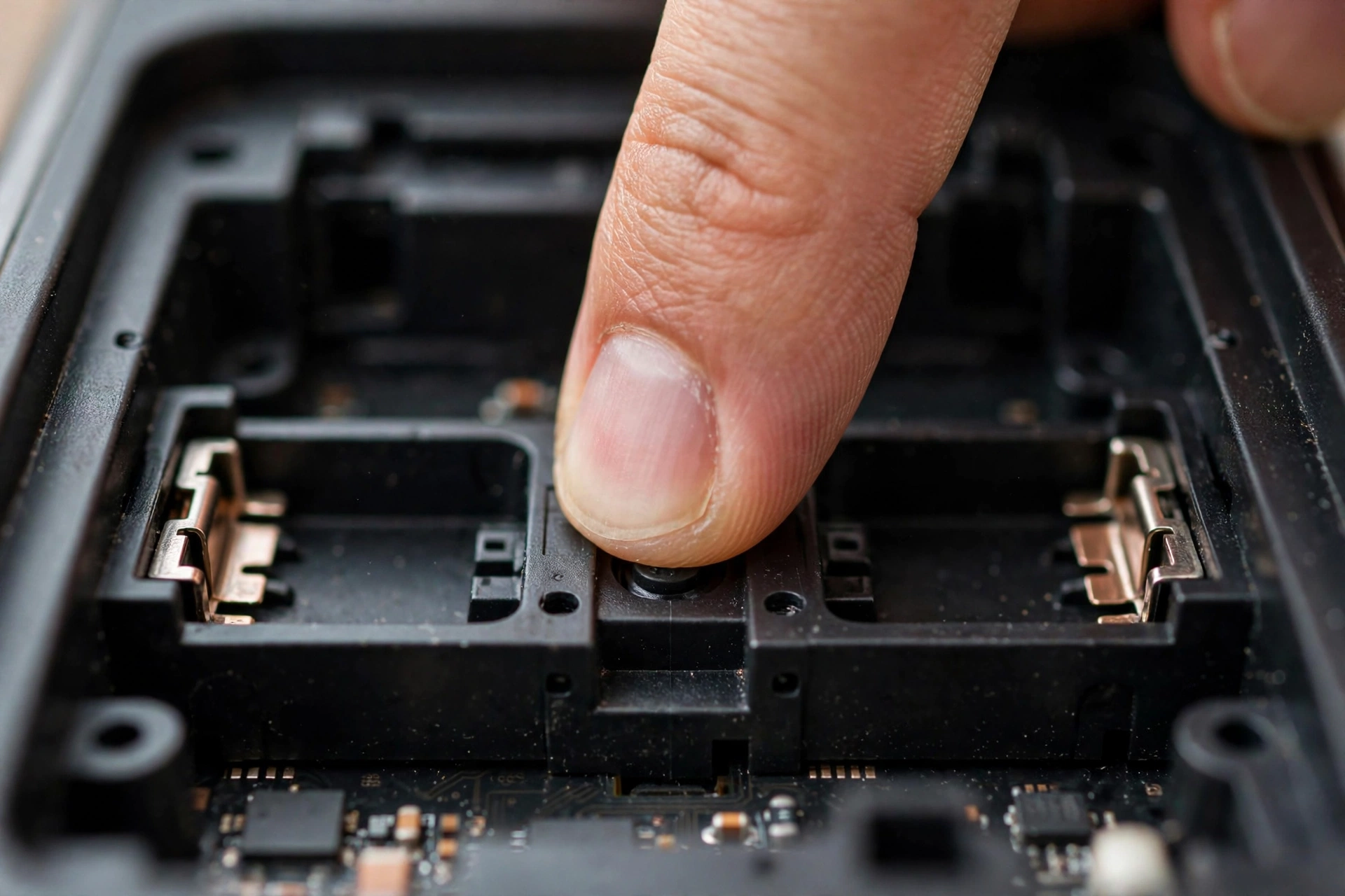 Pressing the reset button inside a smart lock battery compartment