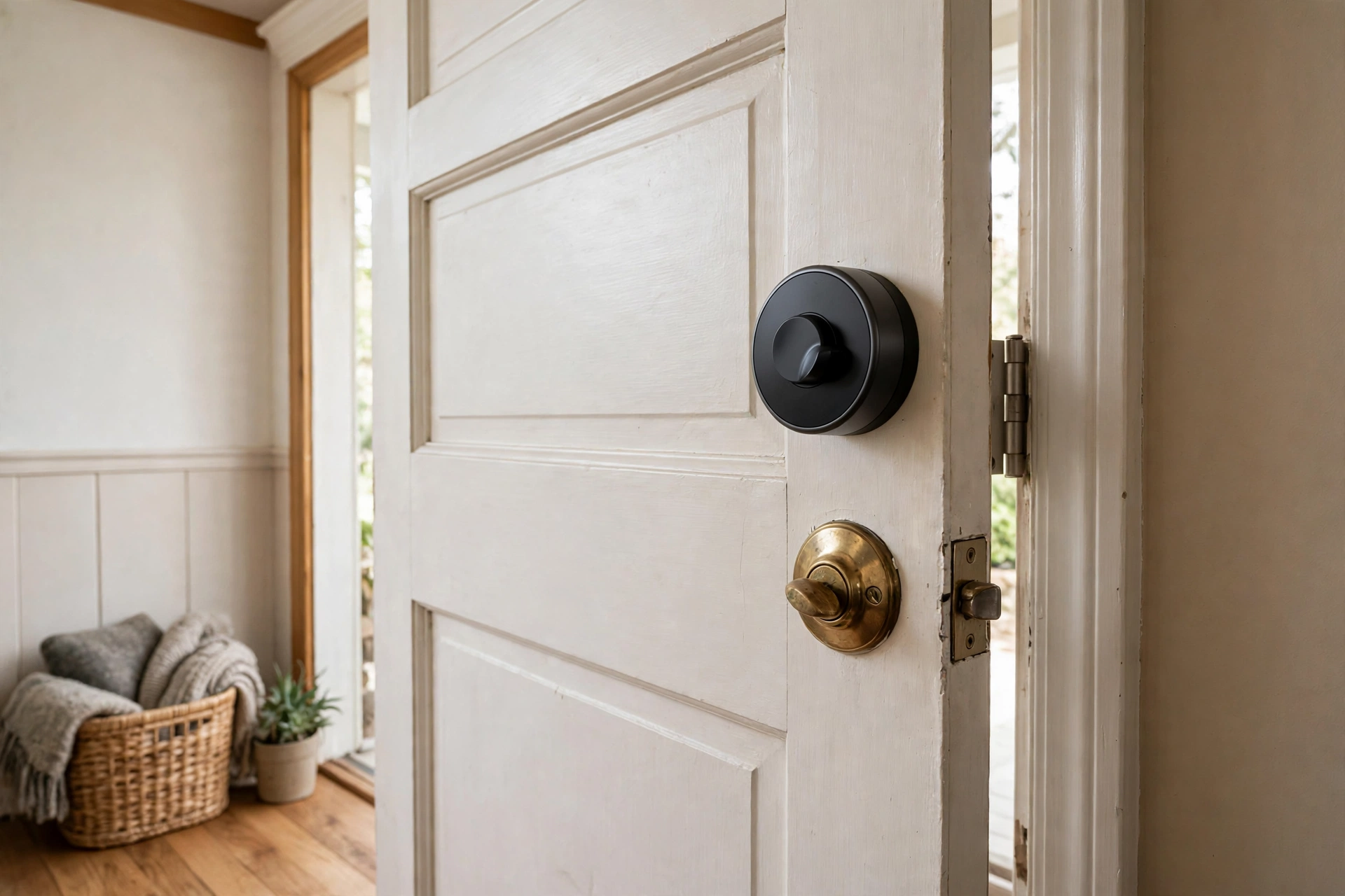 Retrofit smart front door lock installed over an existing deadbolt