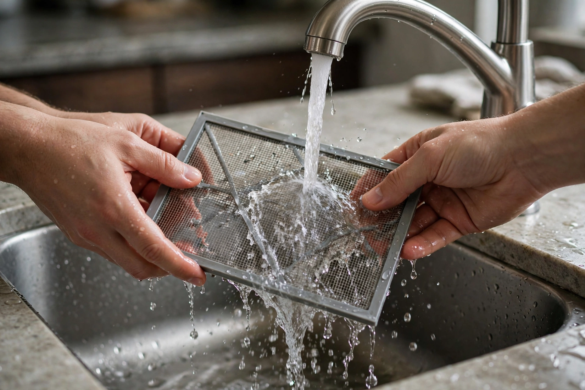 Rinsing a washable pre-filter under running water