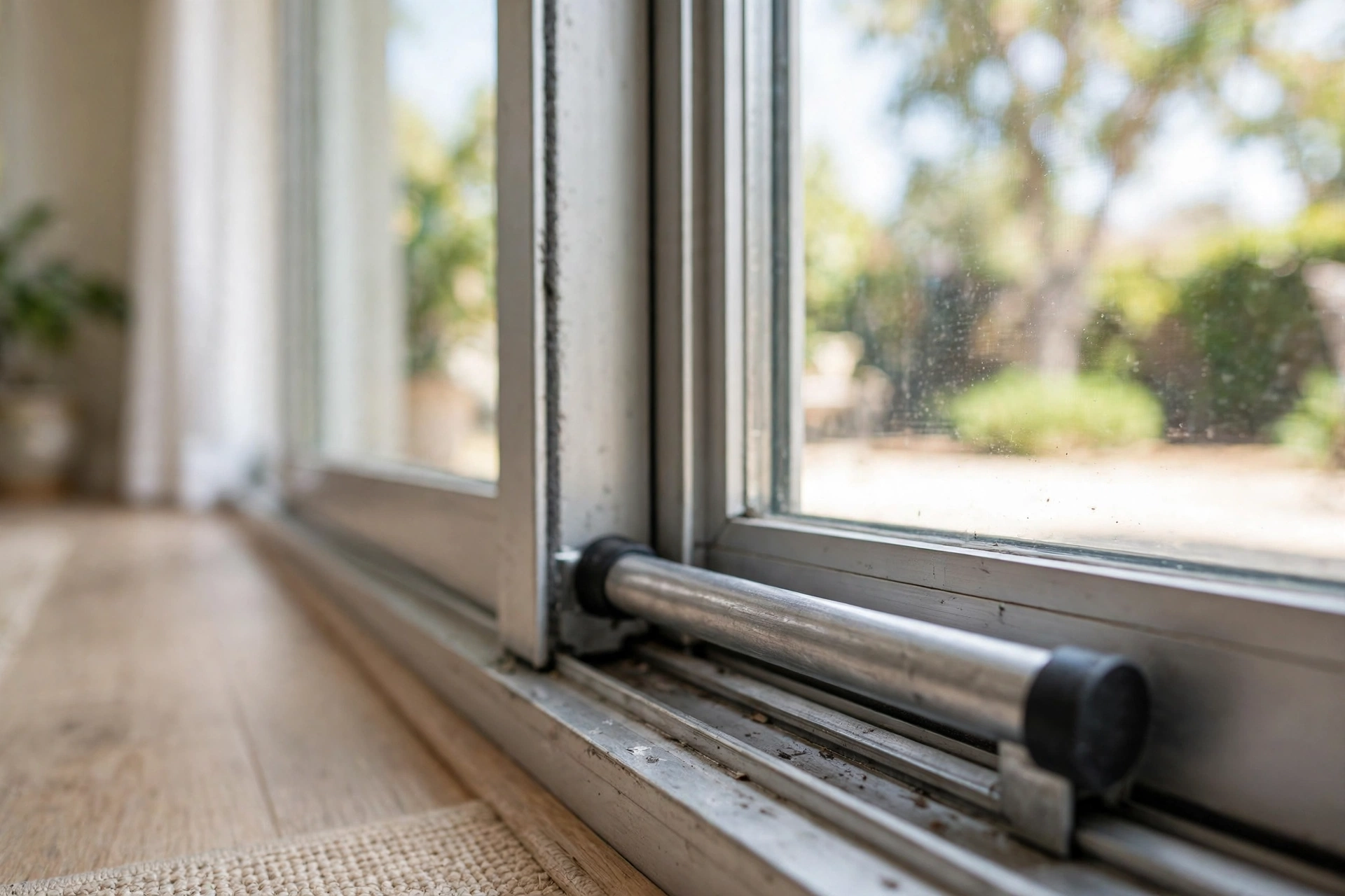 Security bar in the track of a sliding glass door