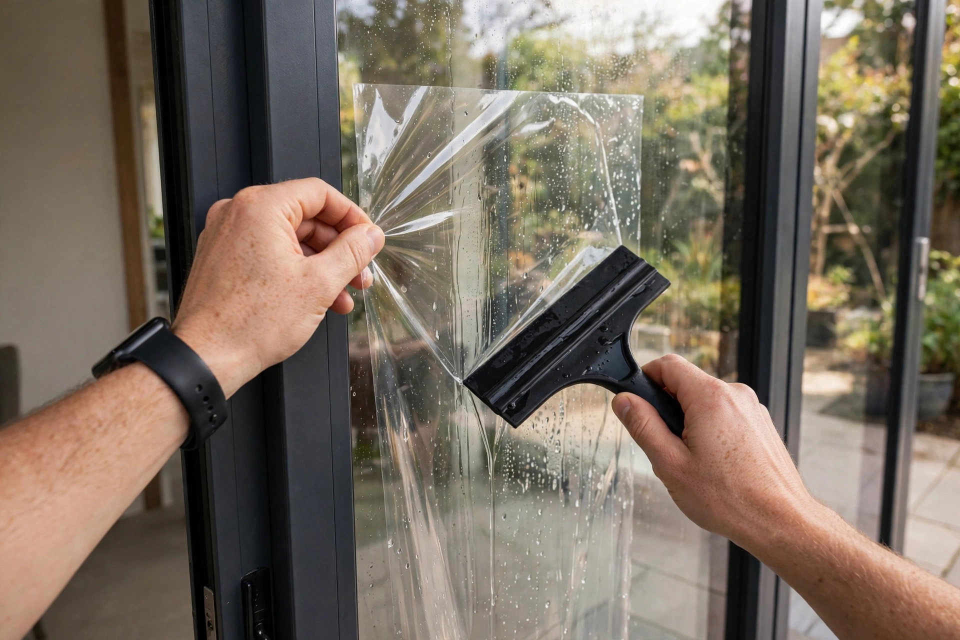 Applying security film to sliding glass door
