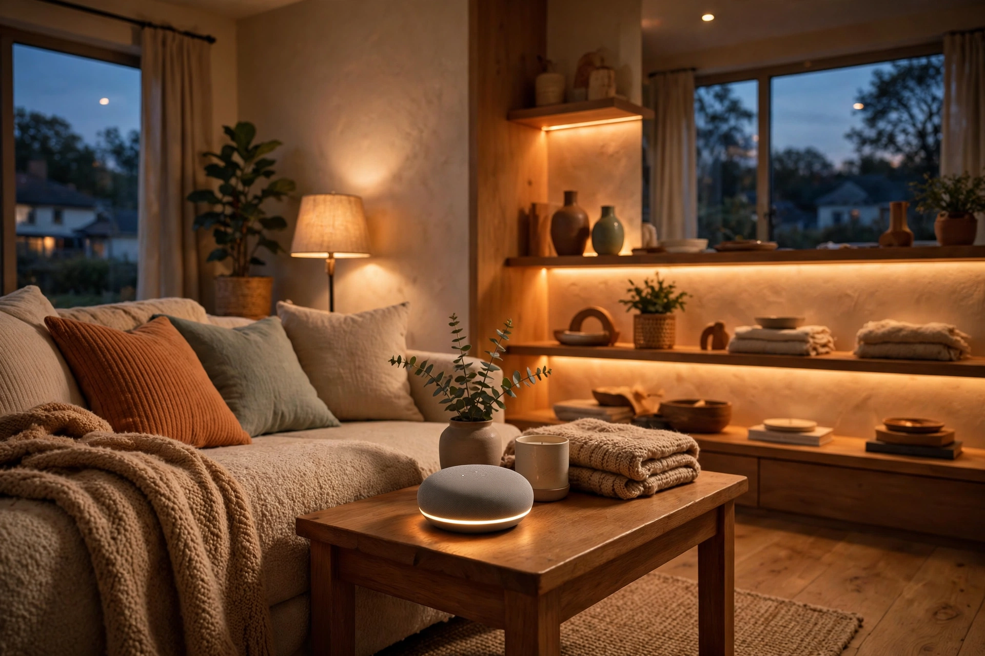 Smart speaker with warm ambient lighting in a living room at dusk