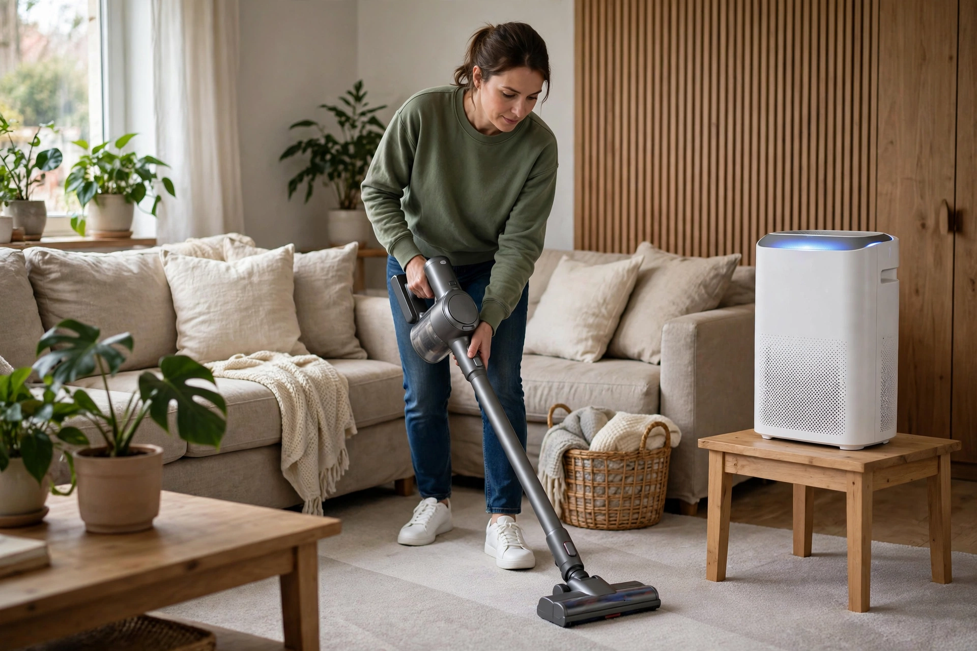 Vacuuming with a HEPA vacuum while purifier runs