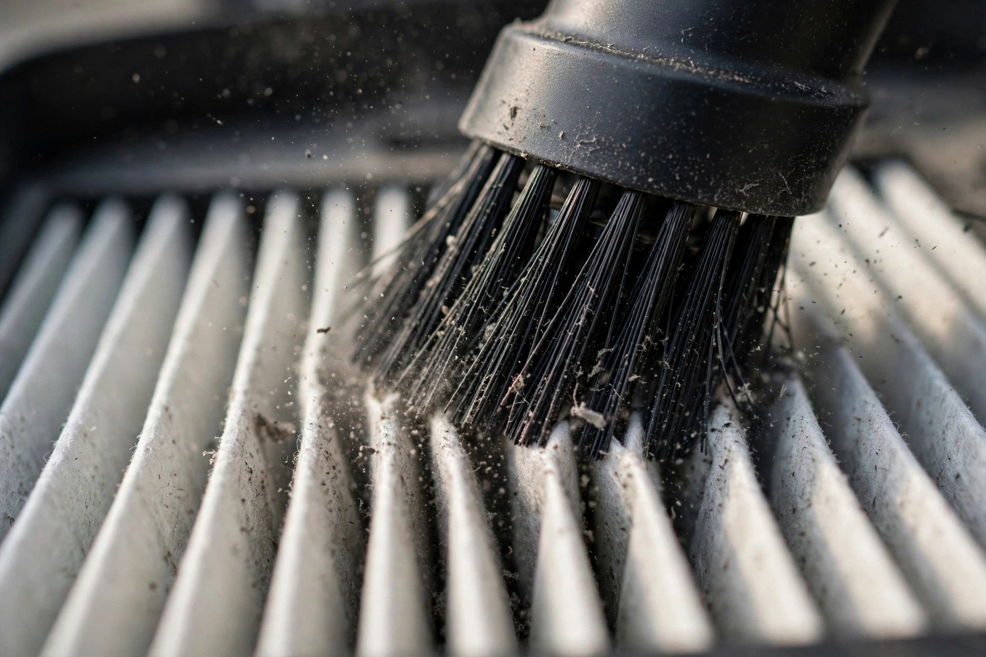 Vacuuming a HEPA filter with a brush attachment