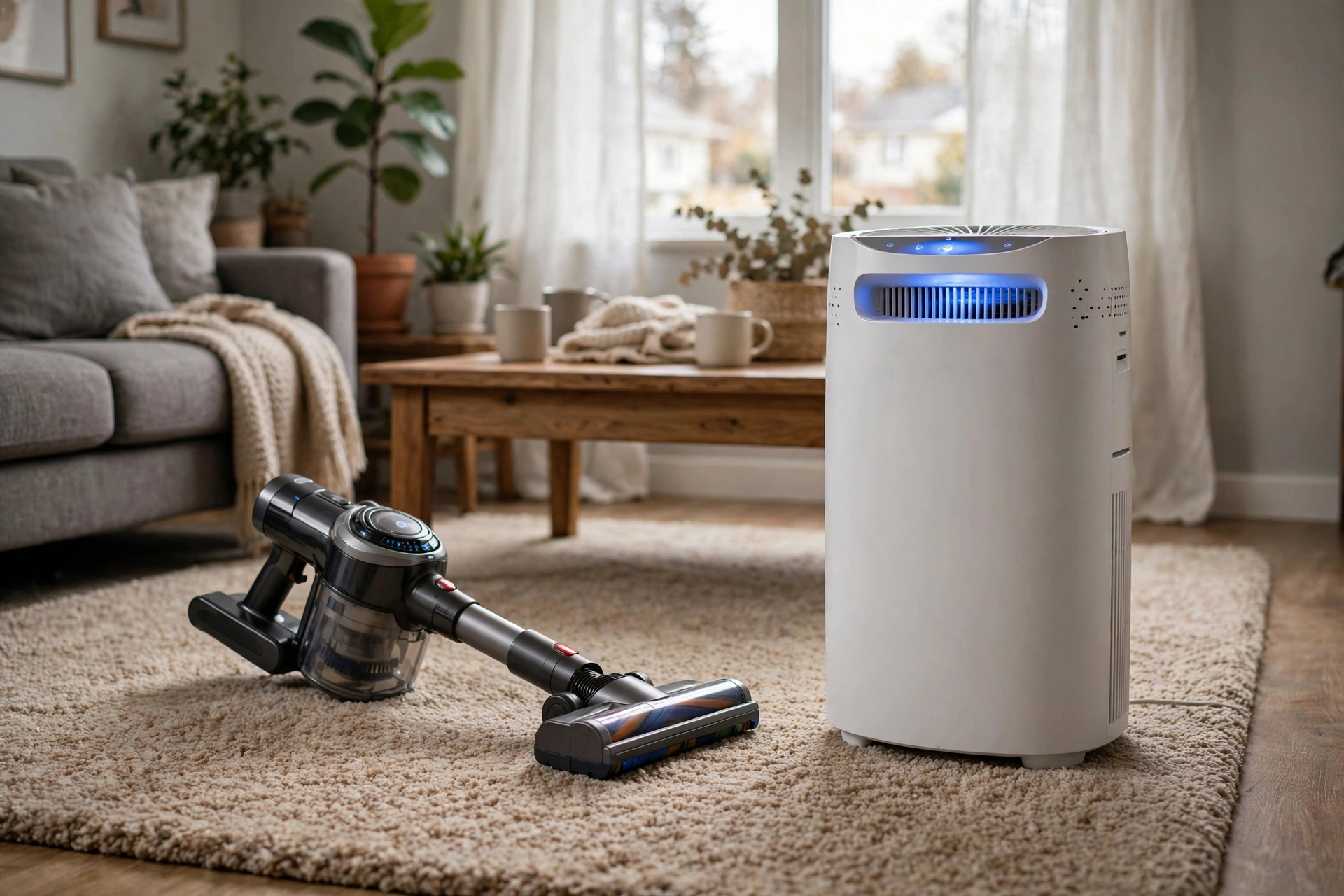 Vacuum cleaner and air purifier working together against dust