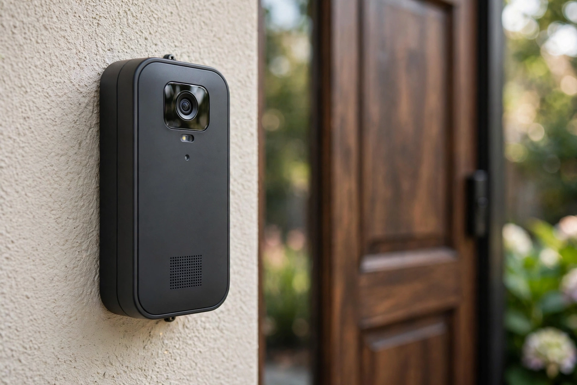 Video doorbell with camera mounted beside a front door