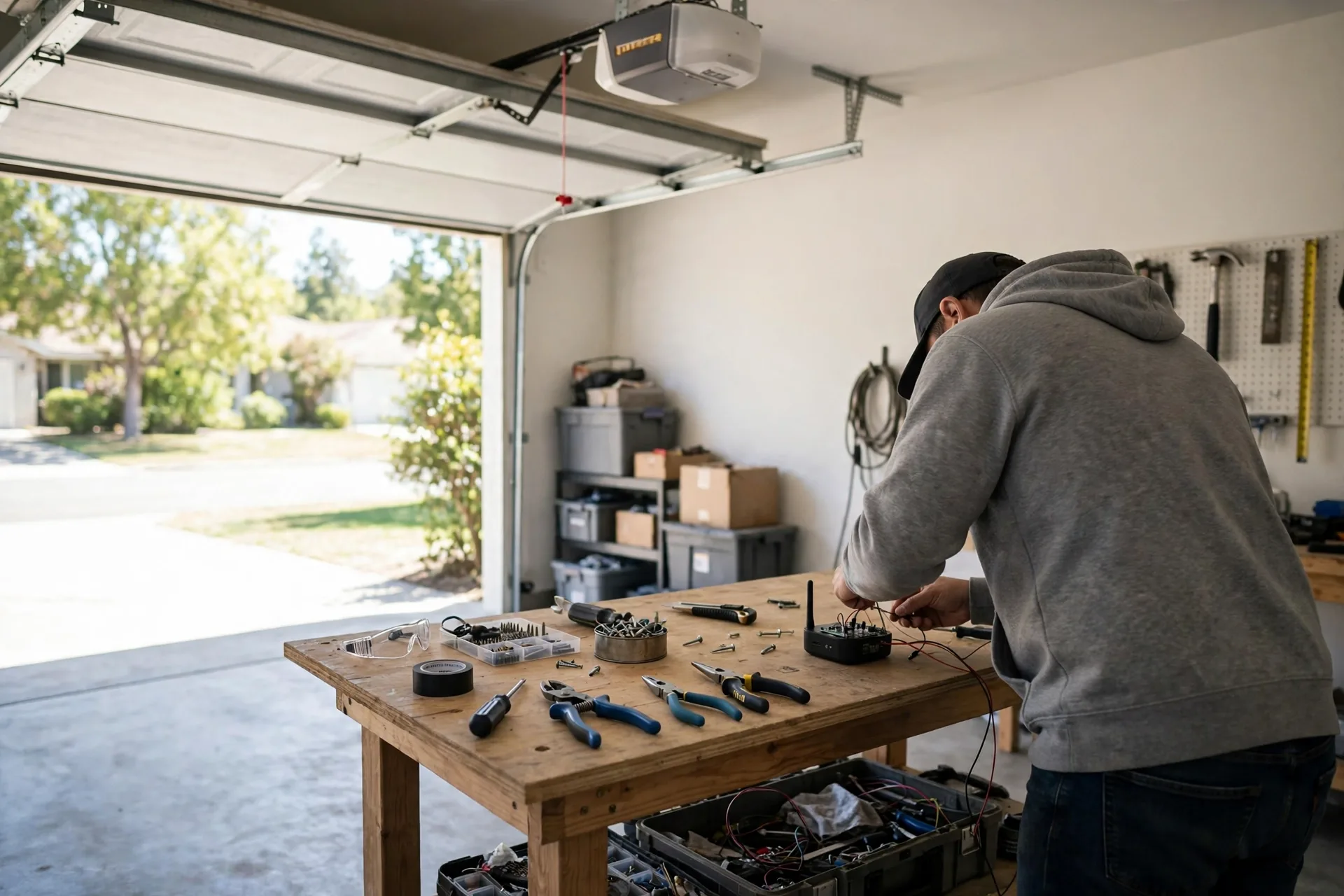 Person wiring a small smart garage device near an opener
