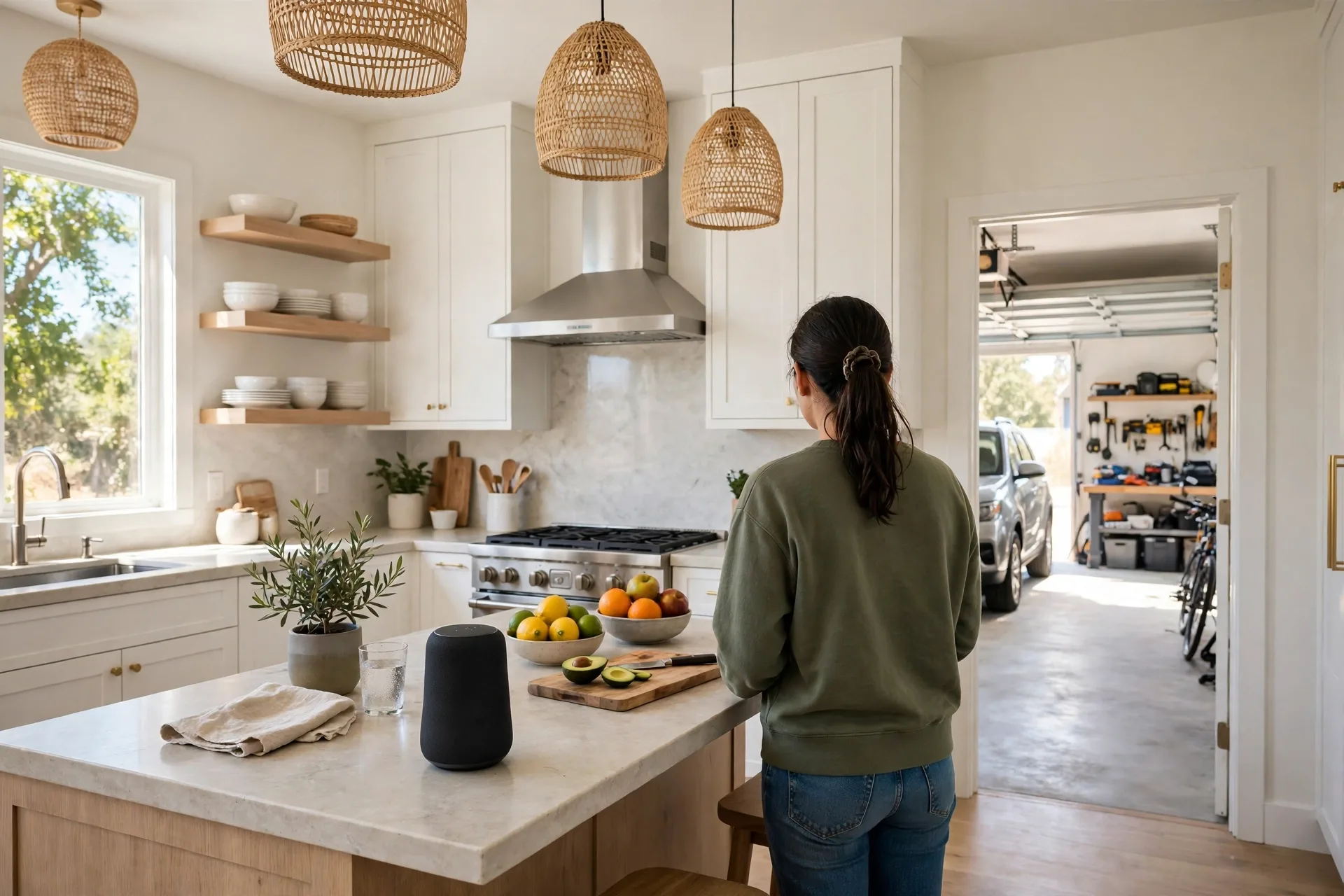 Homeowner using voice control with a smart speaker at home