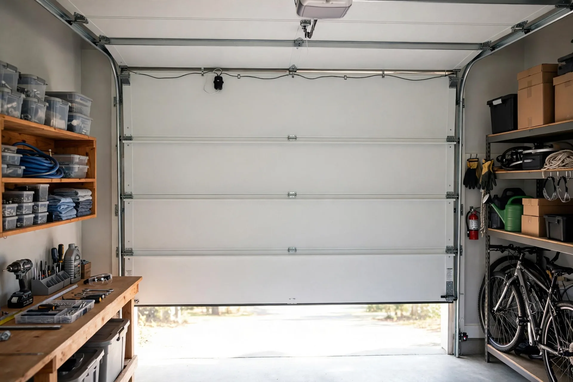 Garage door with a wired sensor on the top panel