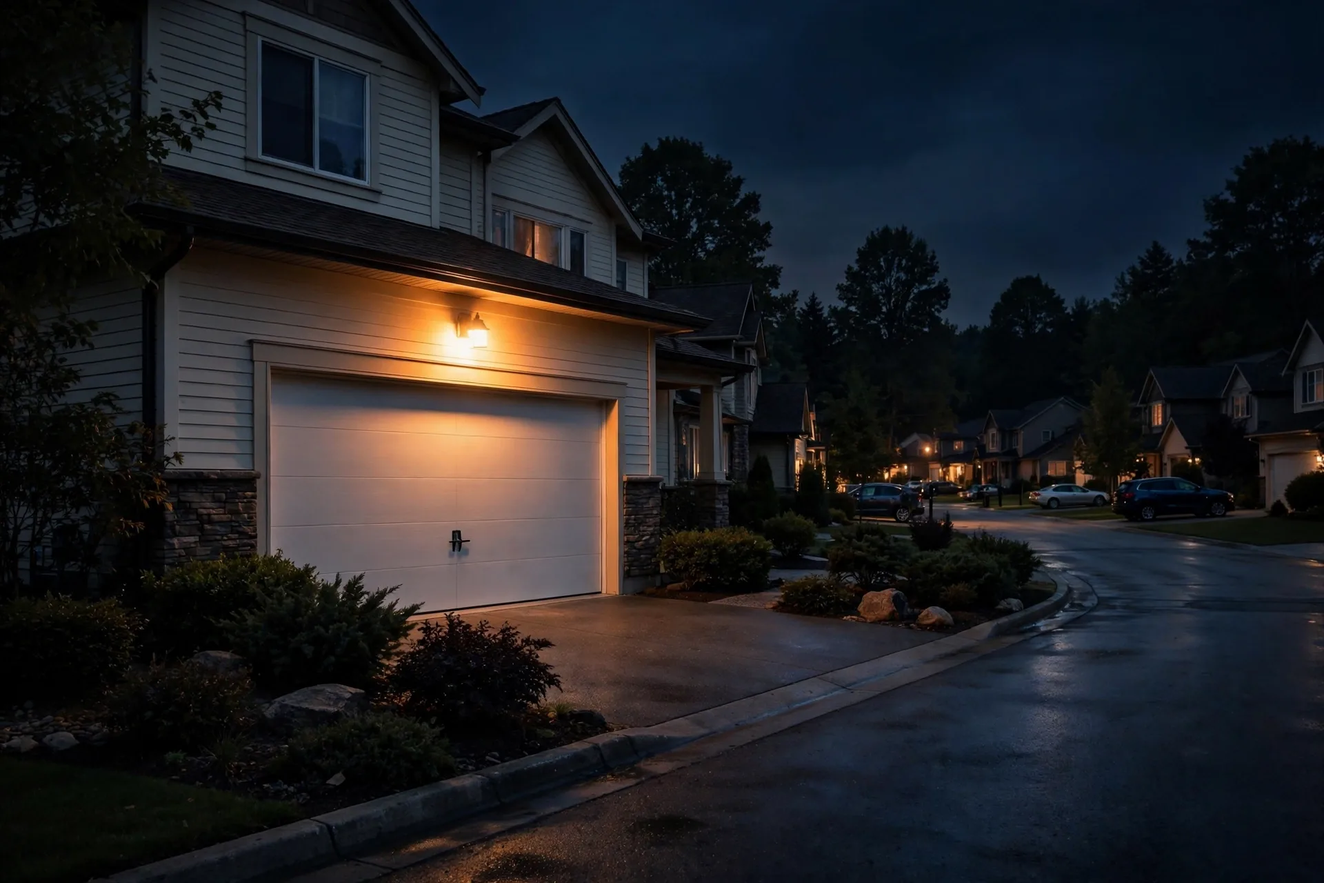 Closed garage door at night under warm porch light