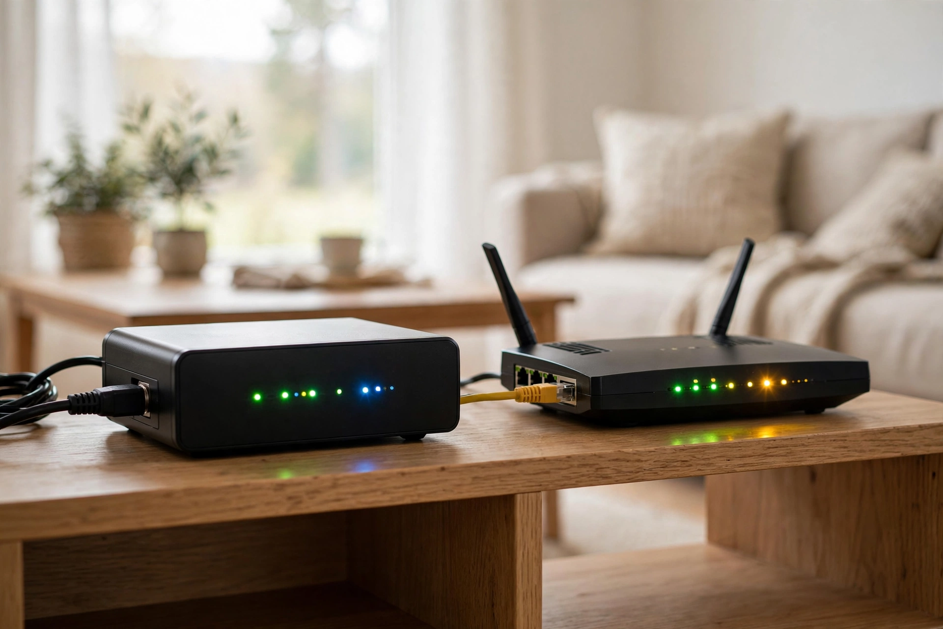 A modem and router connected by an Ethernet cable on a shelf