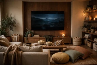 Cozy movie room ideas with a large TV, sofa, and popcorn for film night