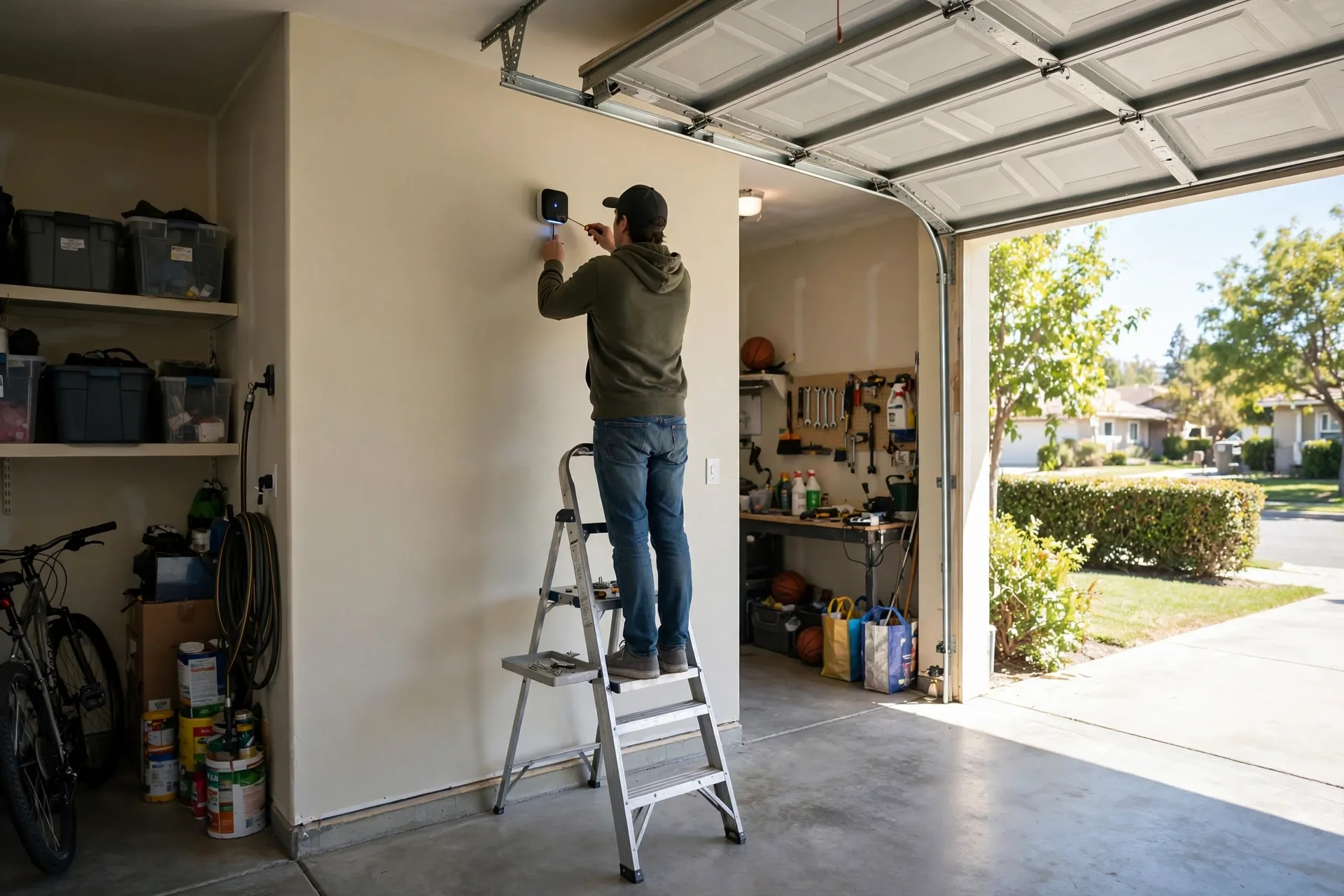 Person installing a smart garage device on a garage wall
