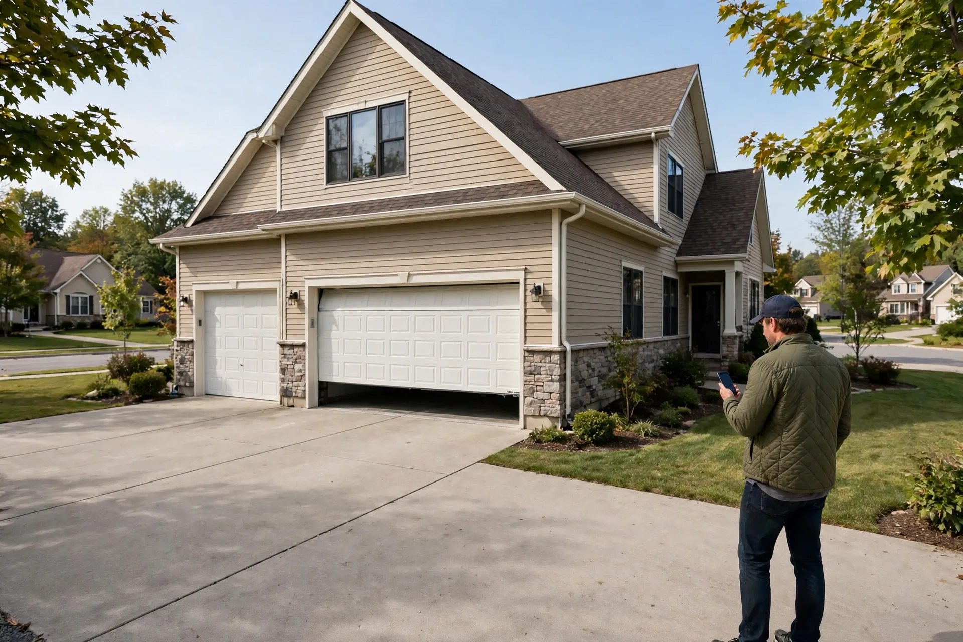 Homeowner checking a closing garage door on a phone