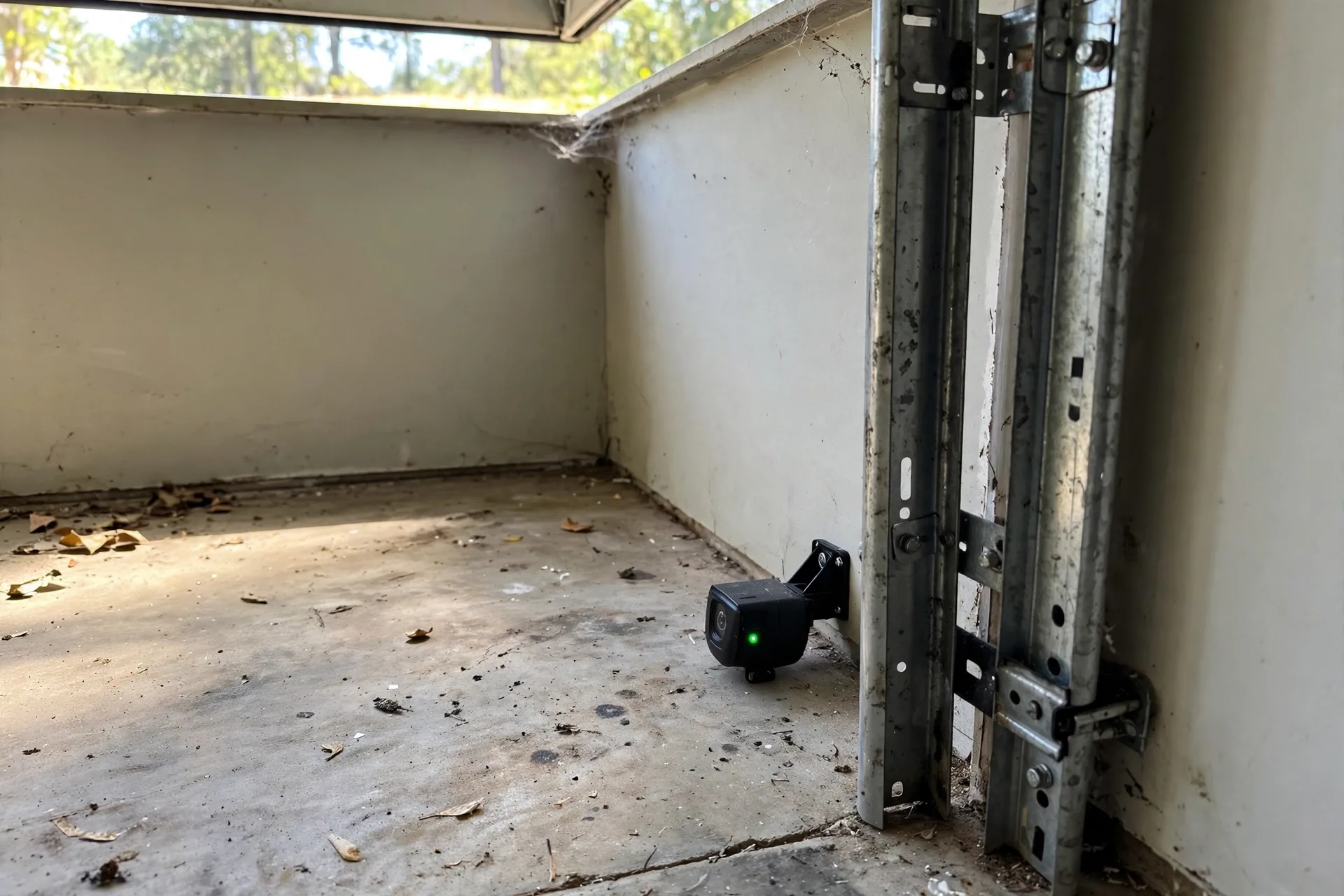 Garage door safety sensor beside a door track