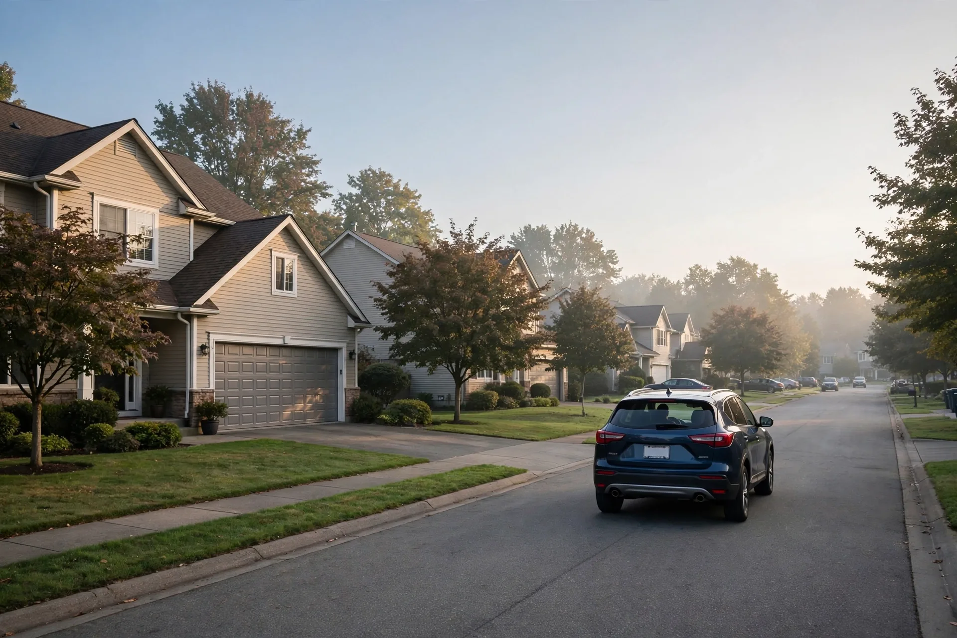 Car leaving home as the garage door closes