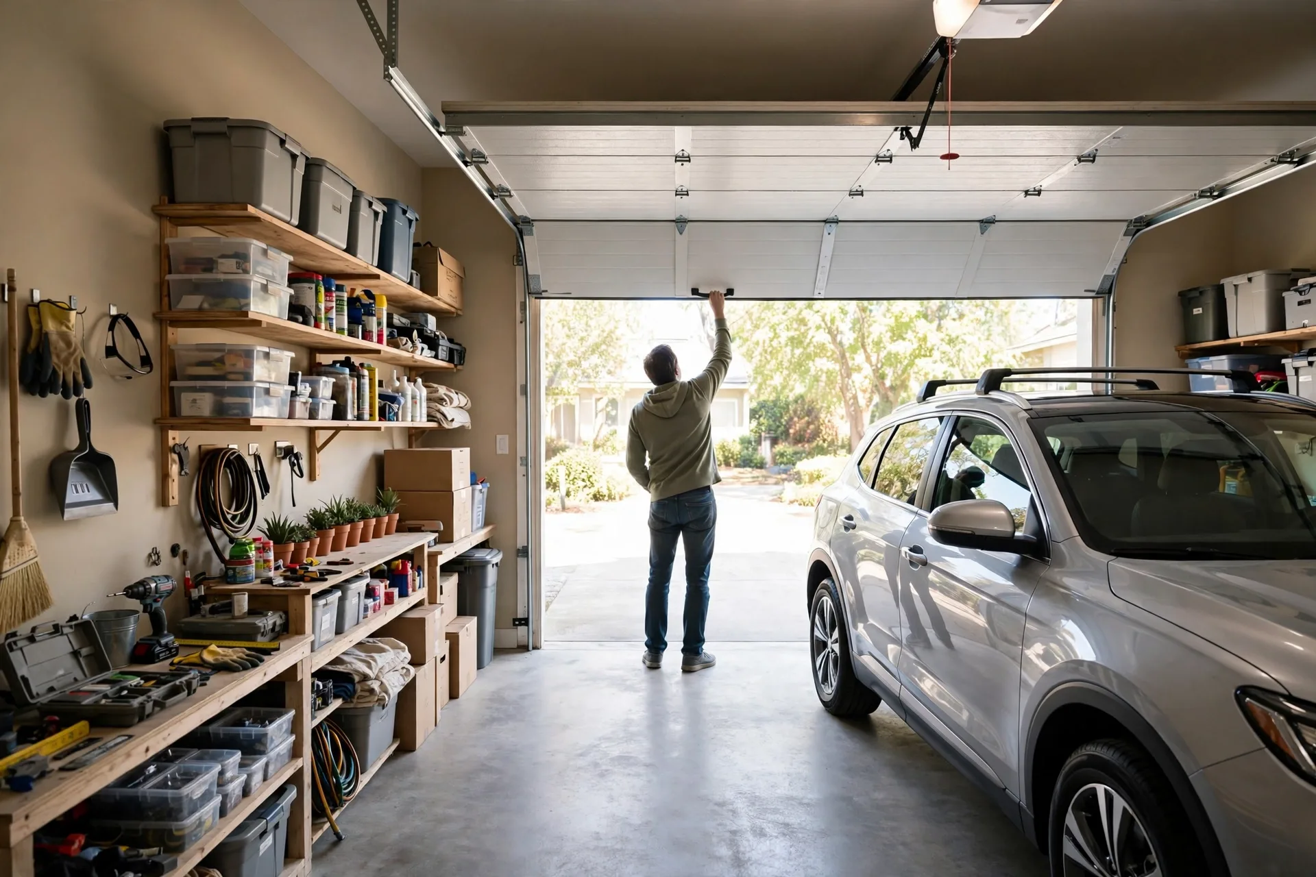 Garage interior with a person opening the garage door