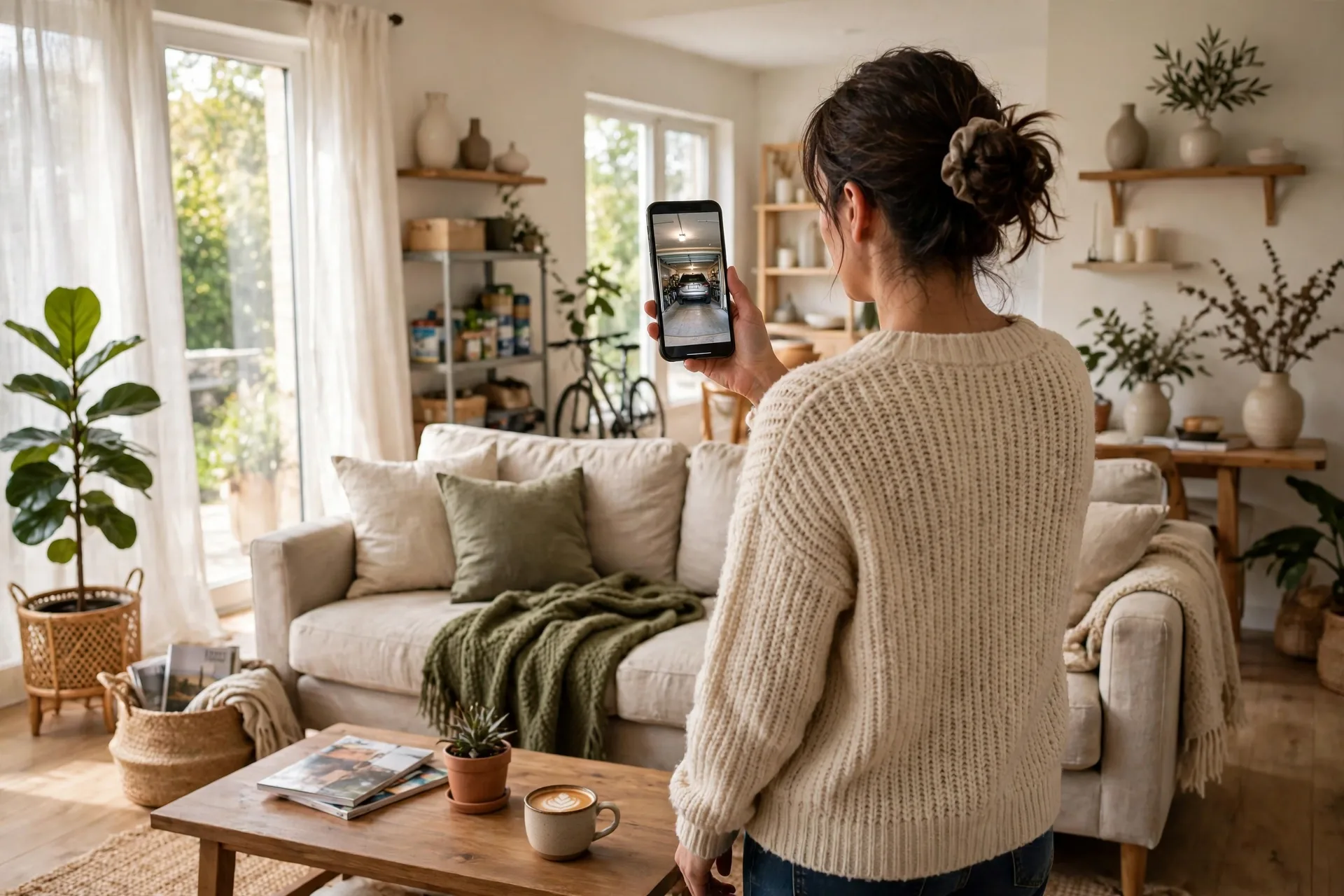 Homeowner checking a garage camera on a phone in a living room