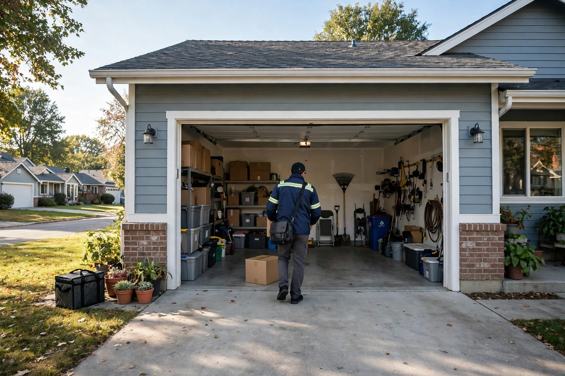 Delivery driver placing a parcel inside an open garage
