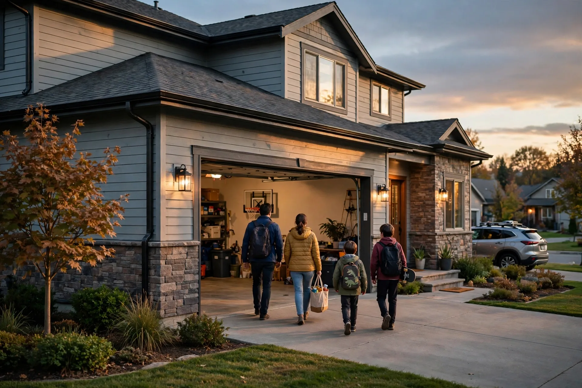 Family arriving home through a garage entrance in the evening