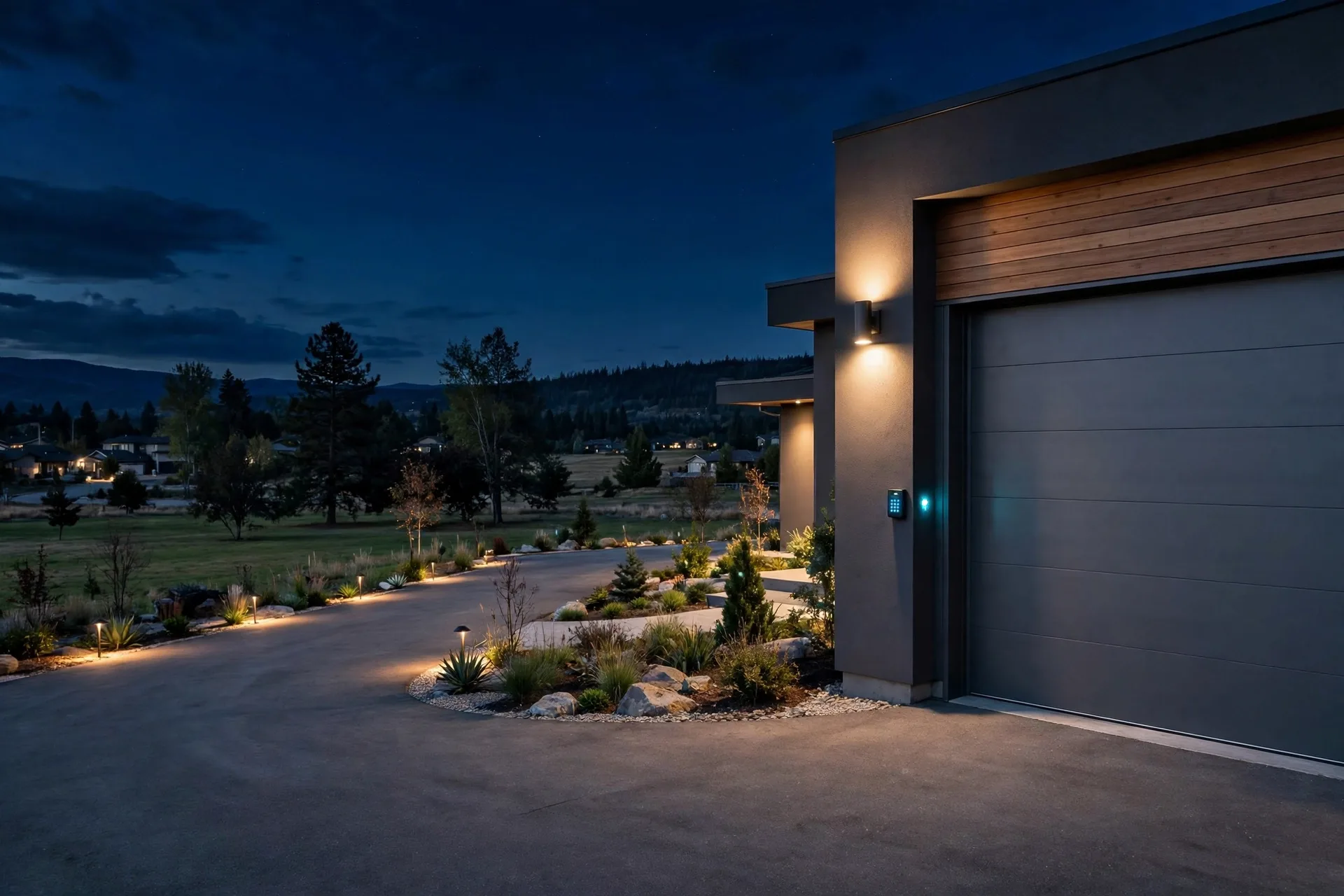 Garage door exterior at night with a glowing keypad