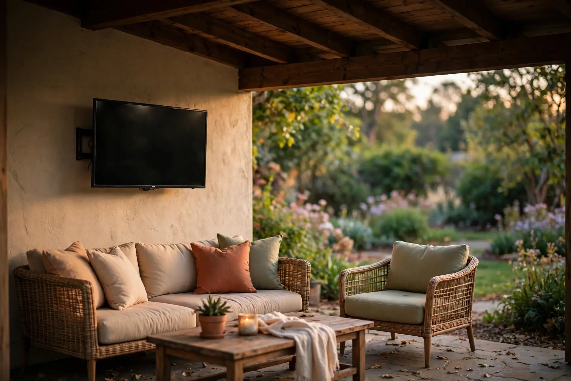 Television mounted on a shaded patio wall with outdoor seating nearby