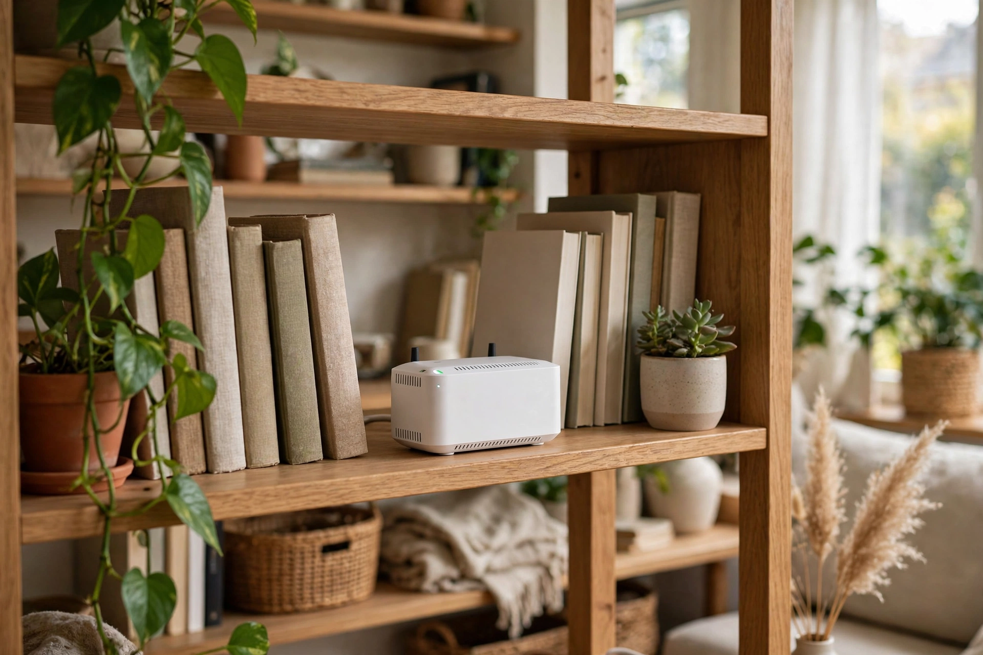 A WiFi router placed in an open central spot on a living room shelf