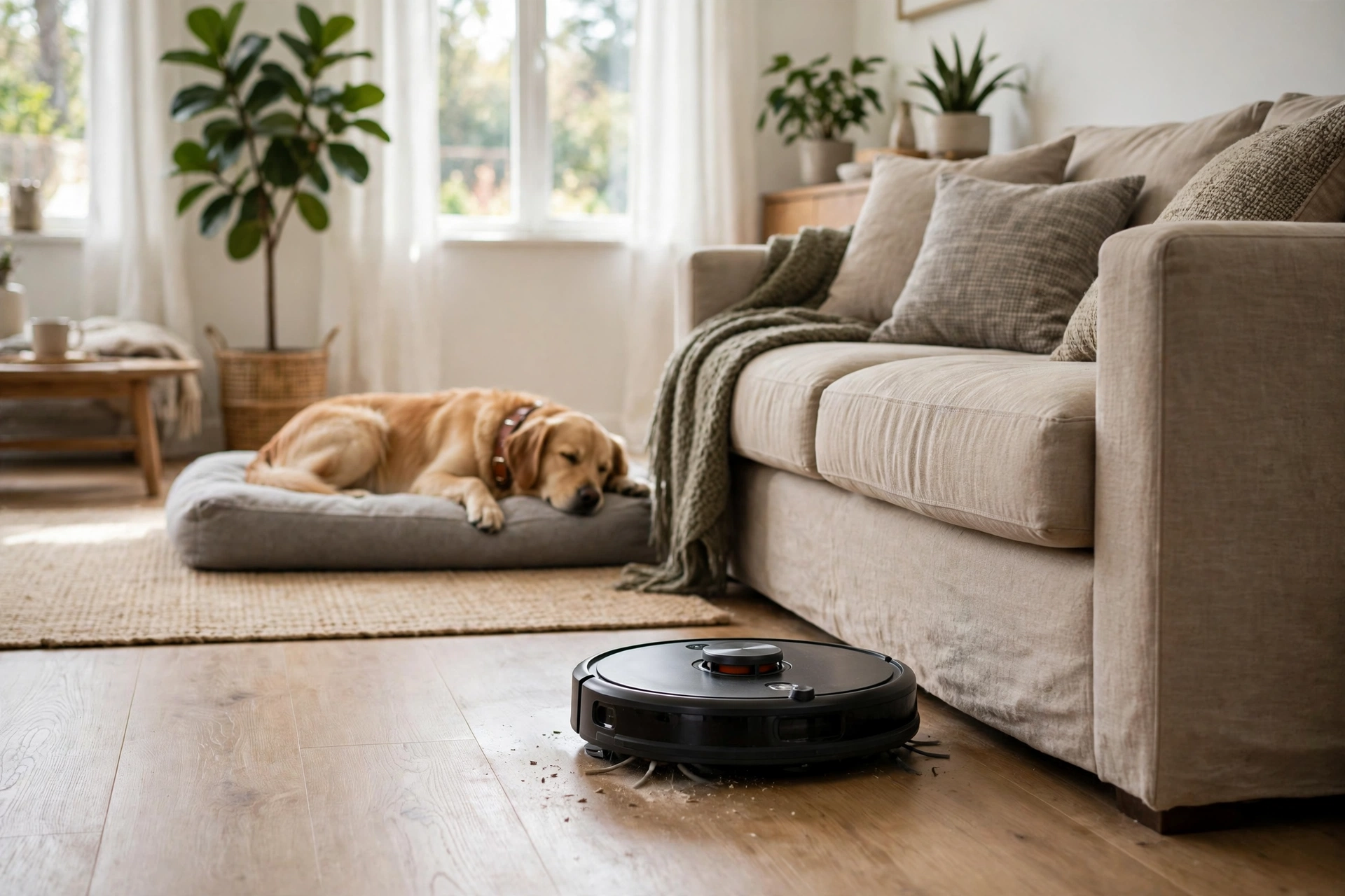 Self emptying robot vacuum cleaning a living room floor with a dog nearby