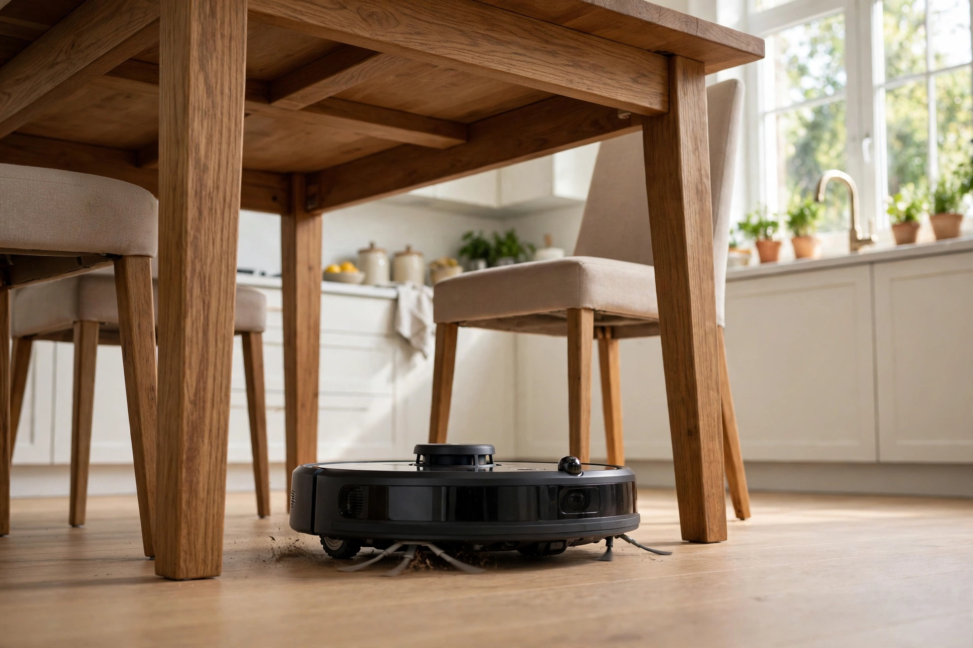 Self emptying robot vacuum cleaning under a dining table on hard floors