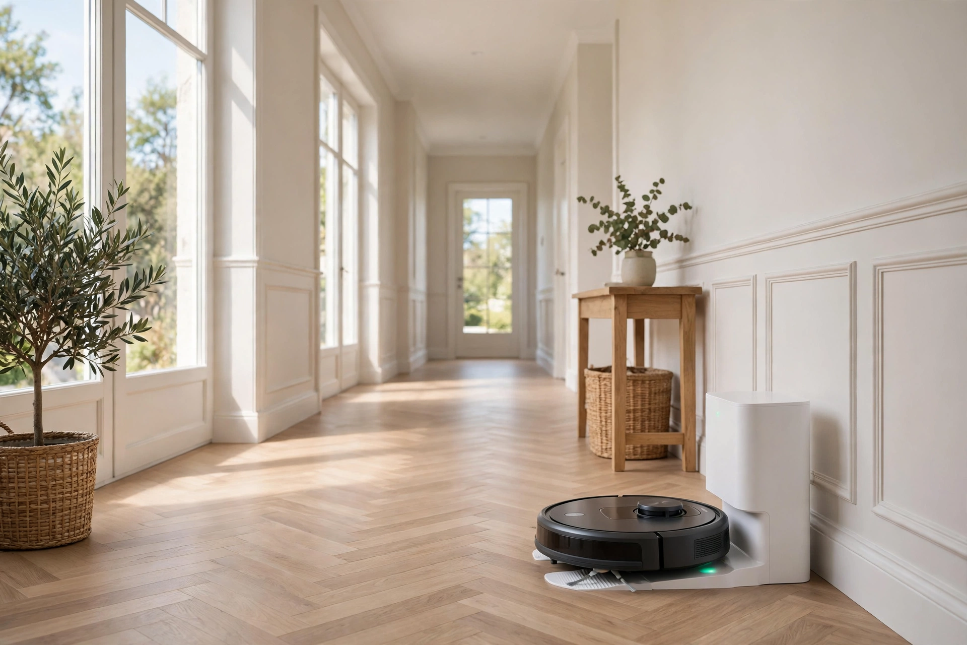 Self emptying robot vacuum docked in a hallway with clear space around it