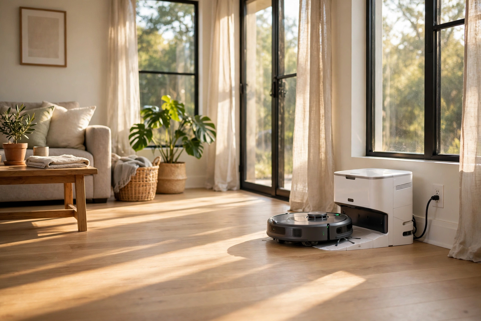 Clean living room floor with a self emptying robot vacuum returning to its dock