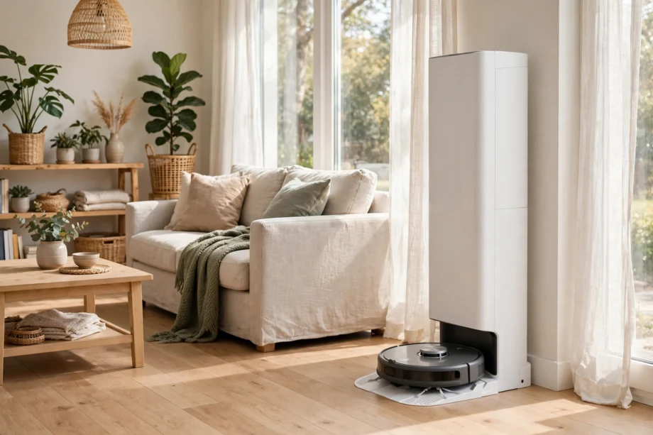 Self emptying robot vacuum docked at its base station in a living room