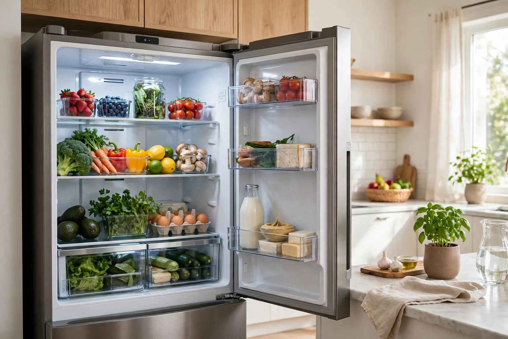 Open smart fridge with tidy shelves full of fresh food in a bright kitchen