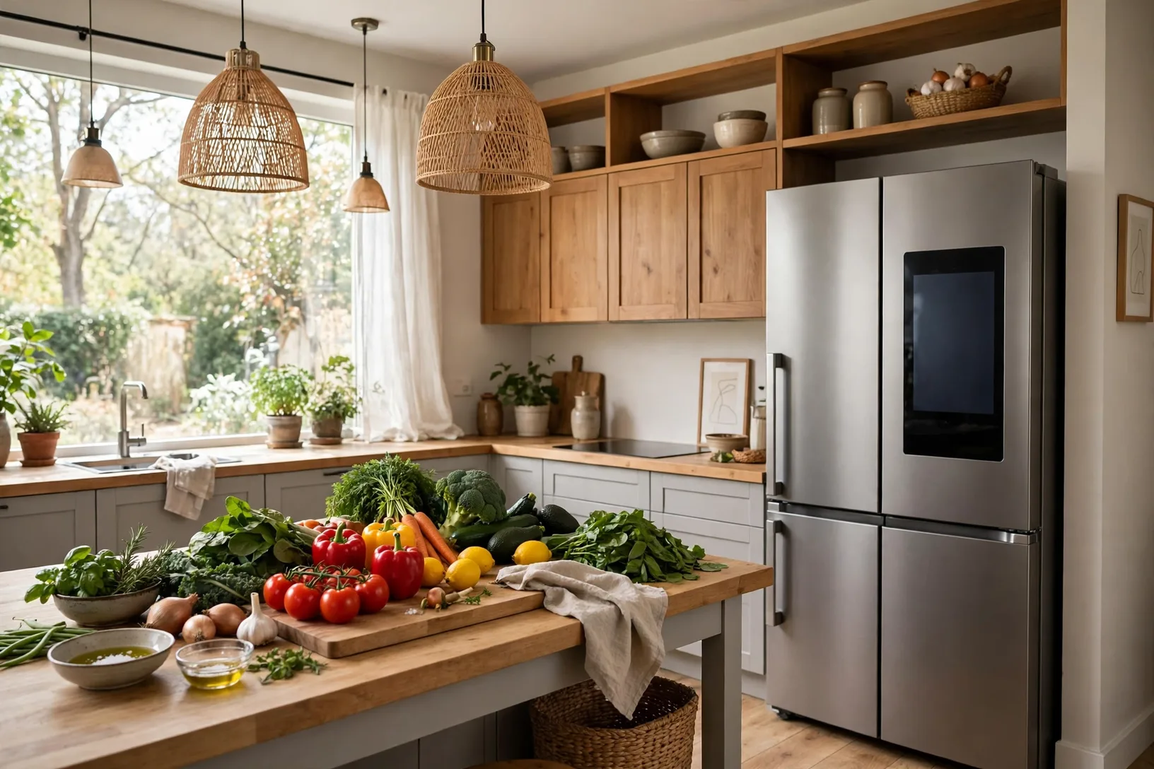 Smart fridge in a family kitchen with fresh vegetables on a counter
