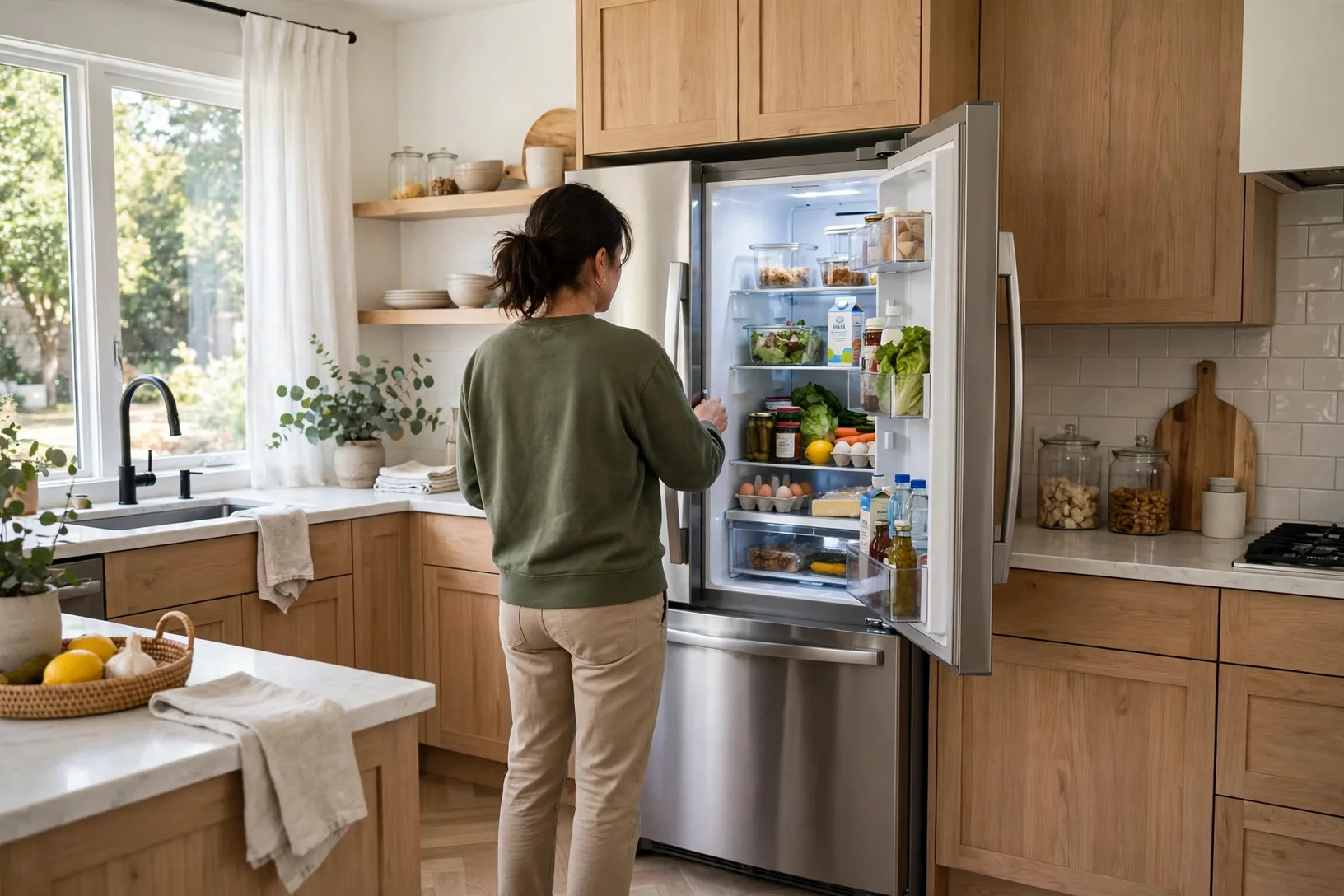 Person opening a modern smart fridge door in a bright kitchen