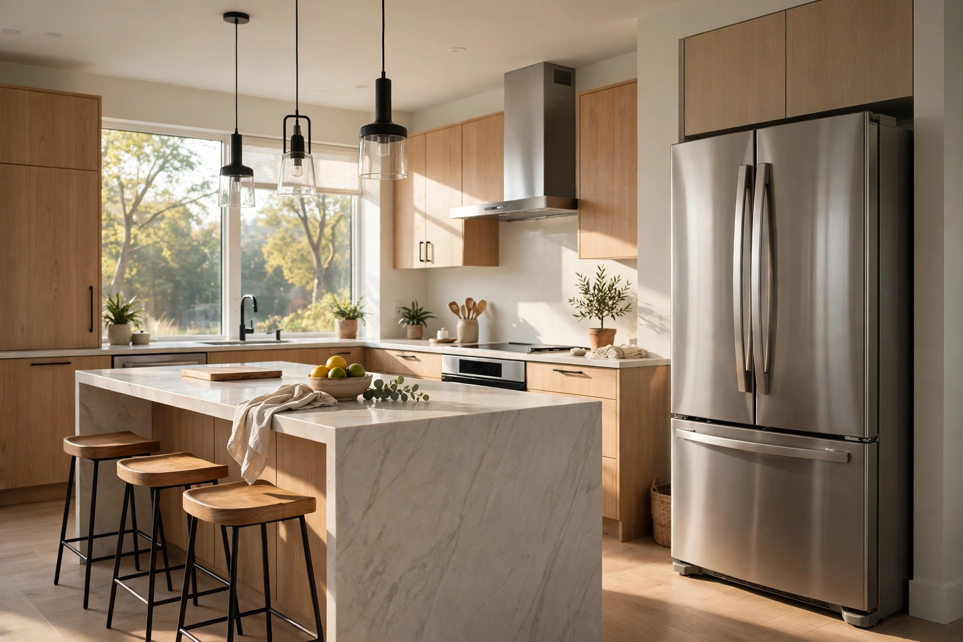 Modern kitchen with a large smart fridge, island counter, and morning sunlight