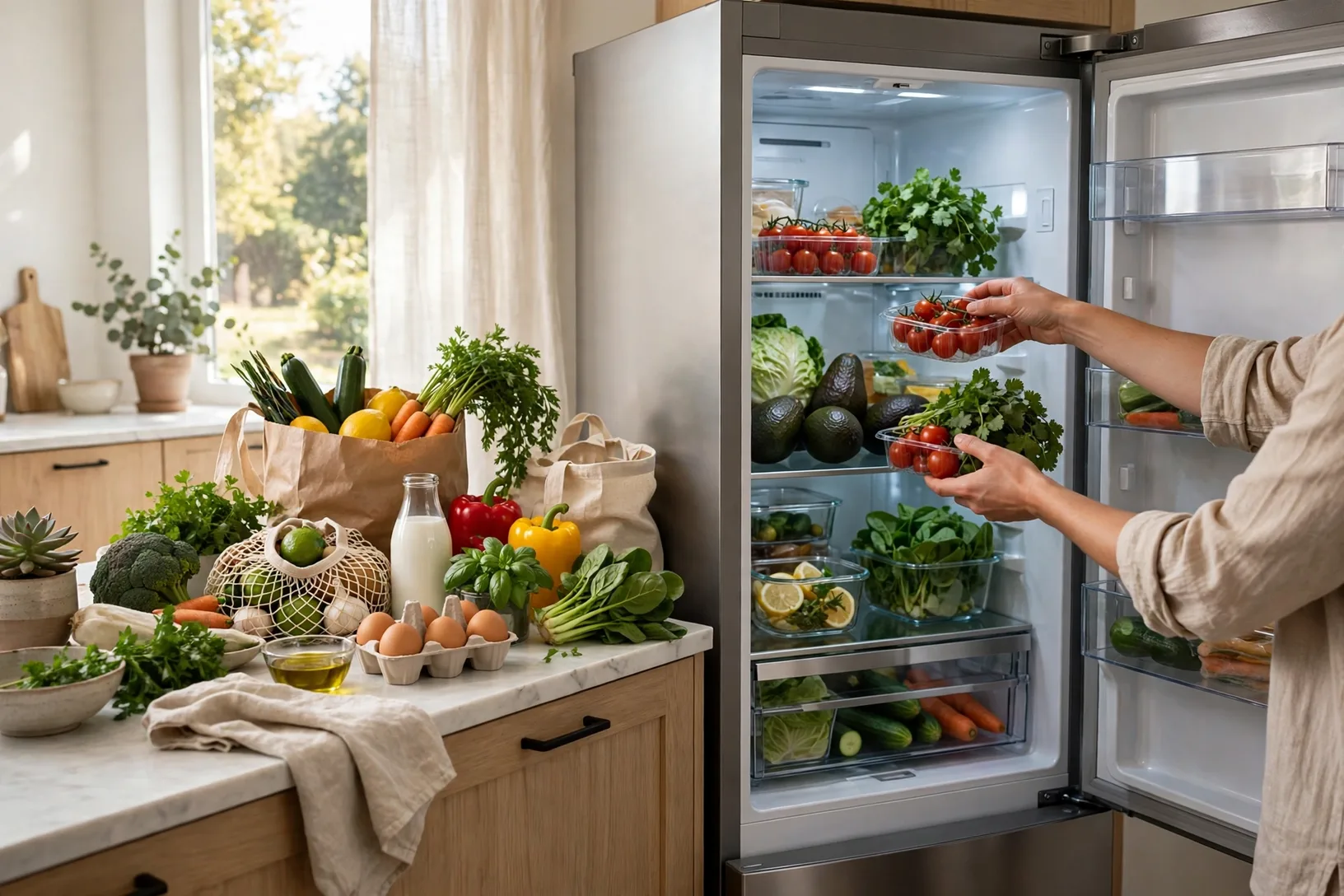 Fresh groceries being put into a modern smart fridge in a bright kitchen