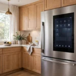 Smart fridge with a touch screen in a bright modern kitchen